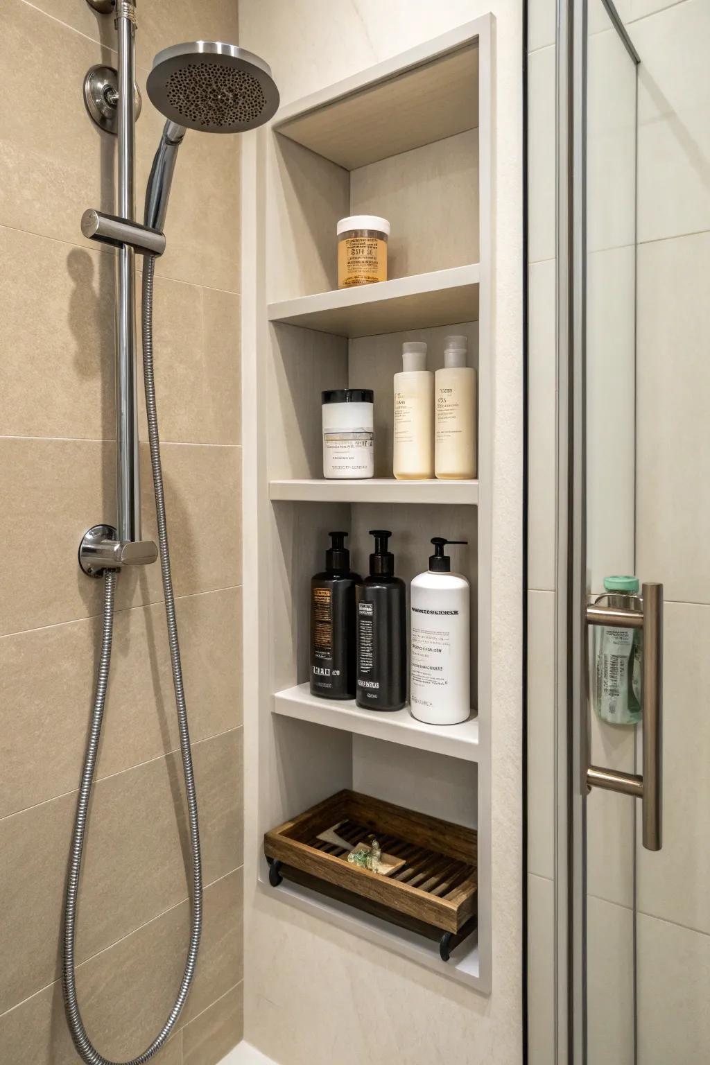 Smart storage solutions keep a standup shower organized and tidy.