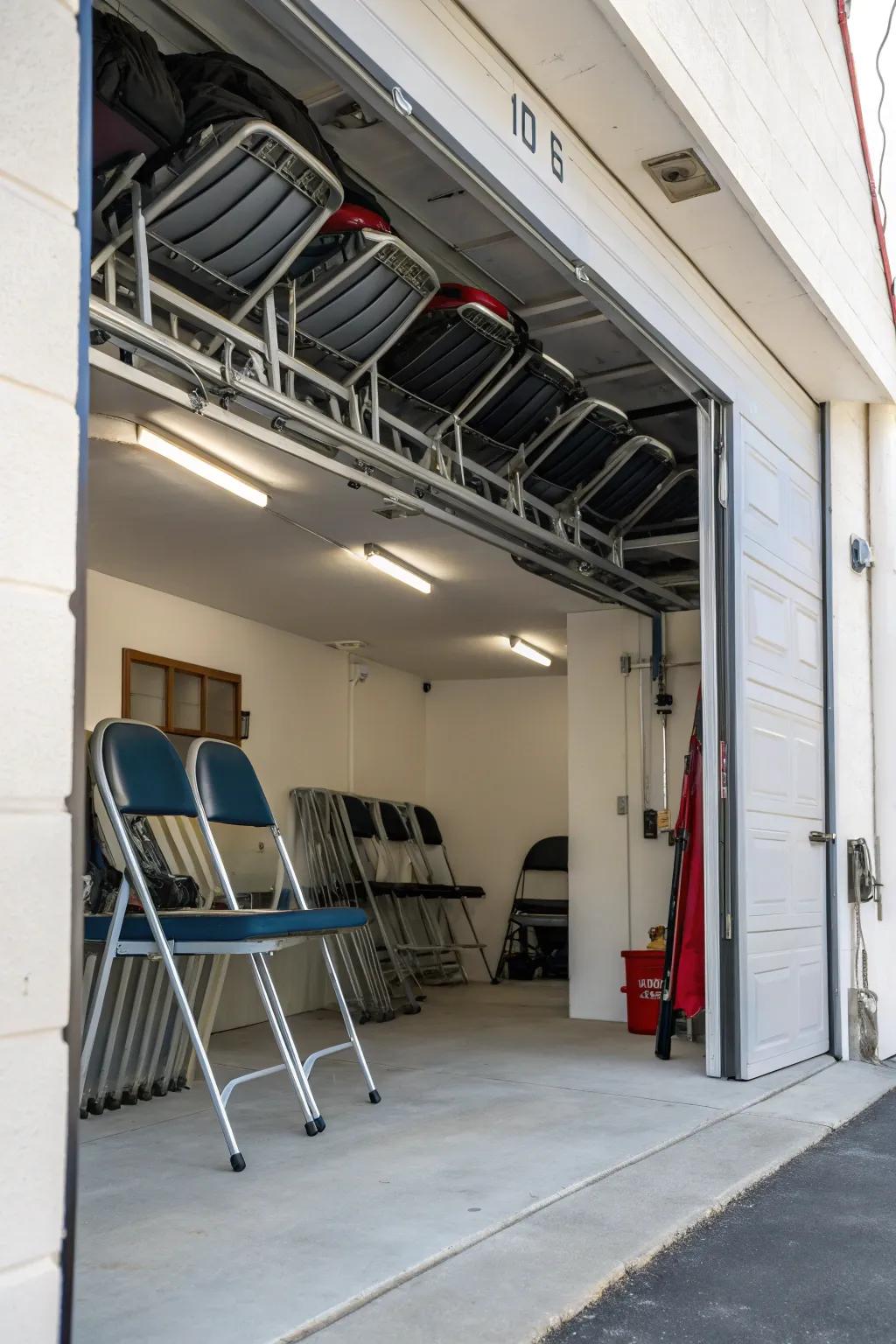 Utilize overhead space with garage ceiling racks for folding chairs.