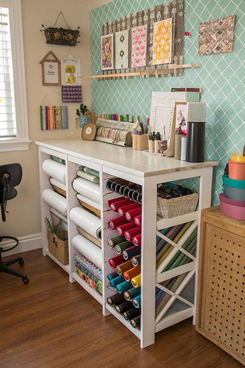 Repurposed wine racks offer a chic storage option for vinyl.