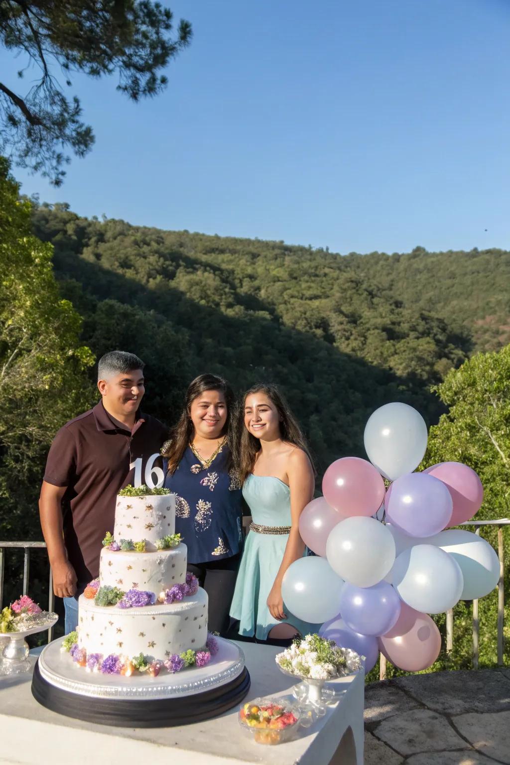 Sweet sixteen in a picturesque outdoor venue.