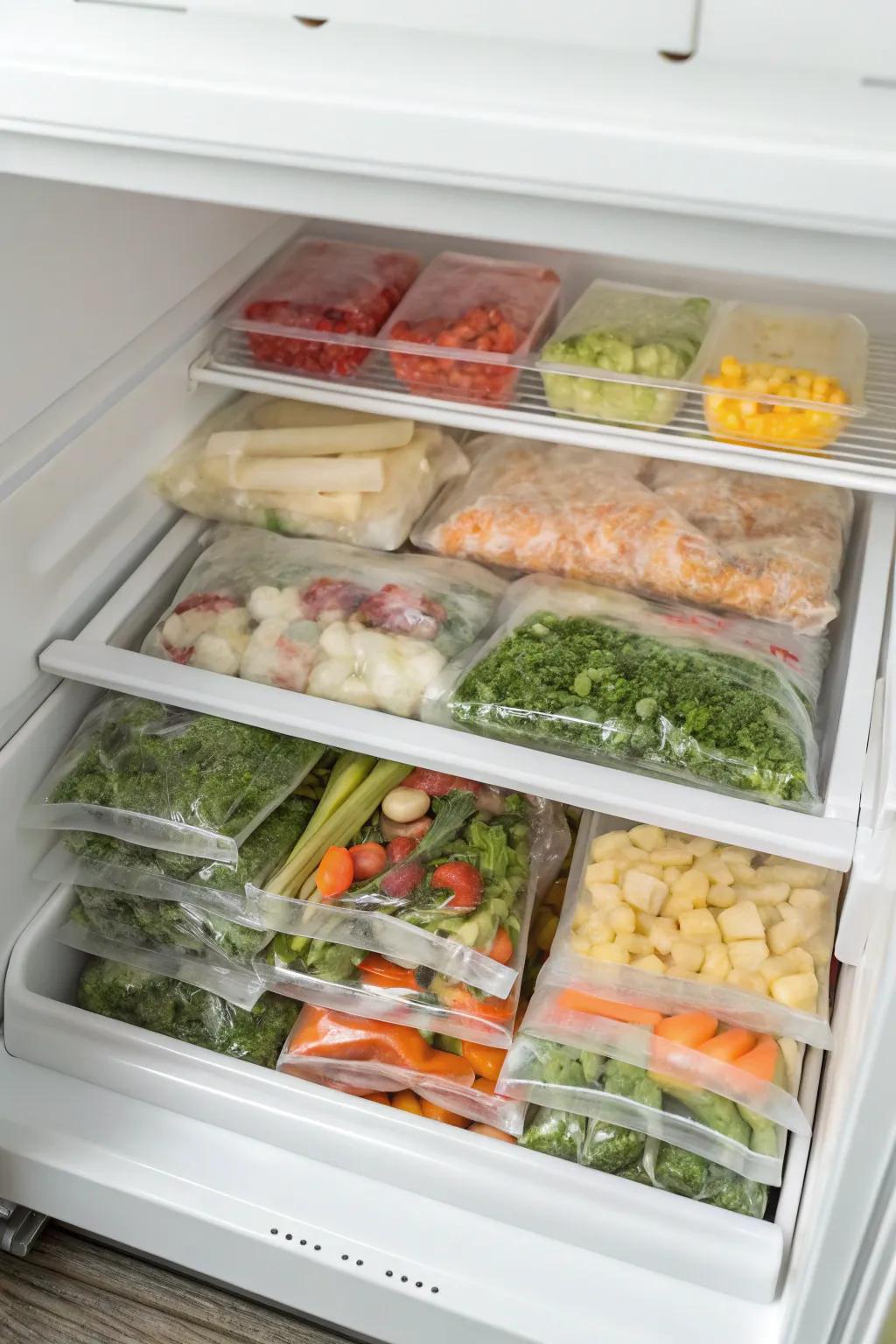 Flat-frozen items in bags, neatly filed for optimal space usage in a top freezer.