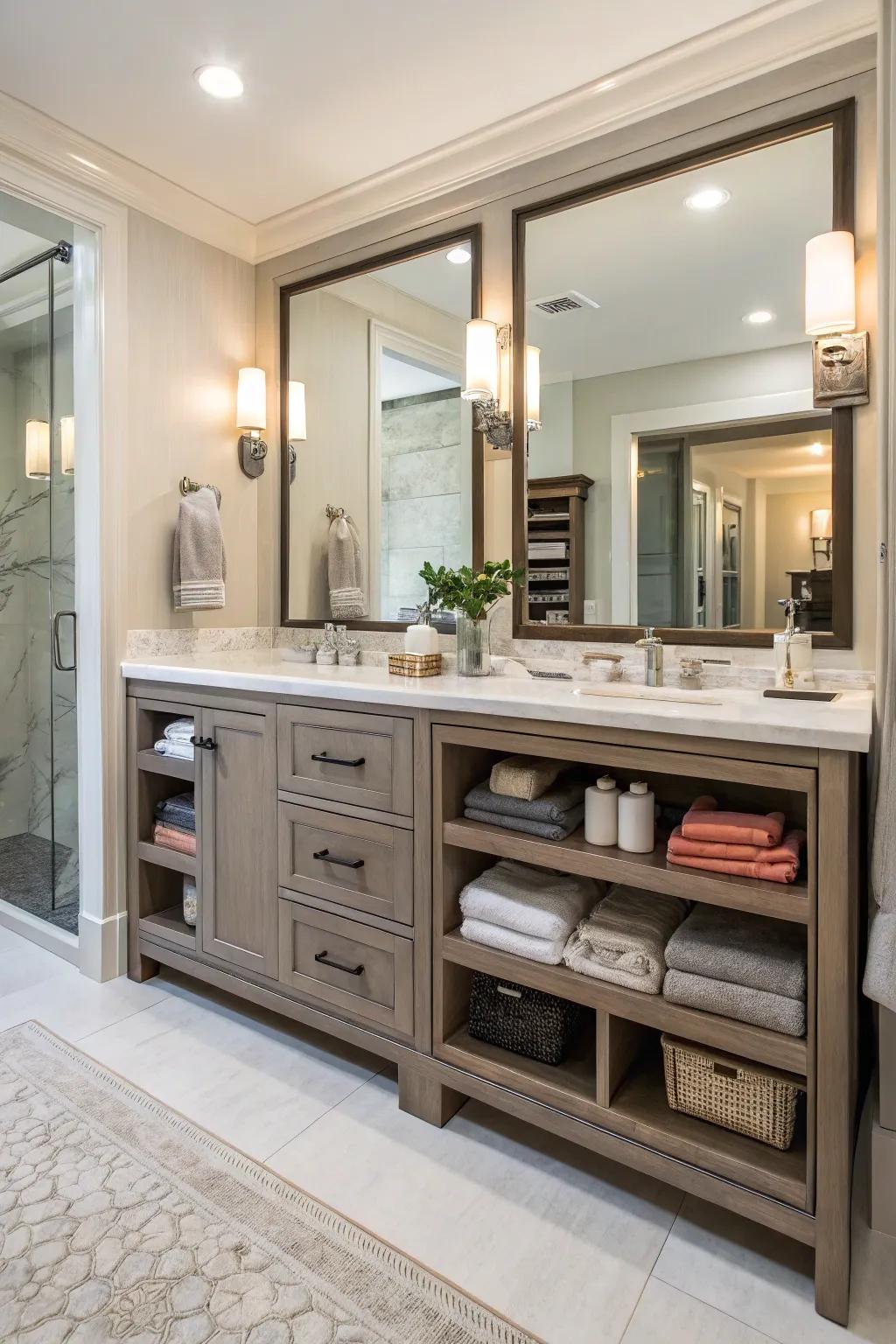 A bathroom vanity offering ample storage to keep the space organized and clutter-free.