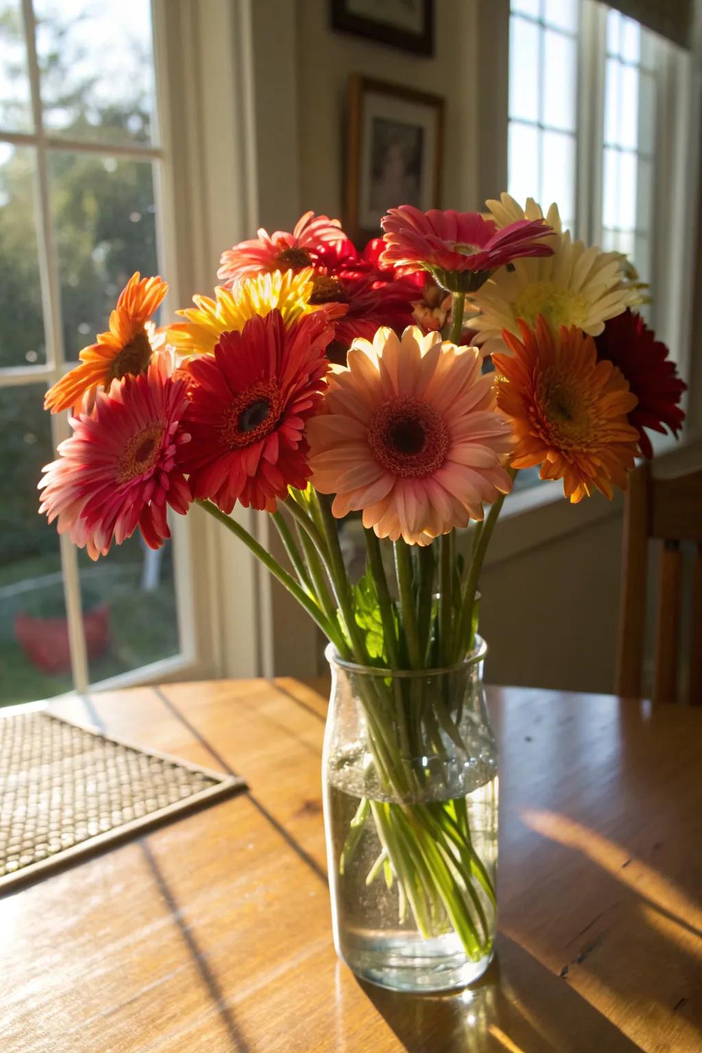 Joyful gerbera daisy arrangement illuminating a culinary space.