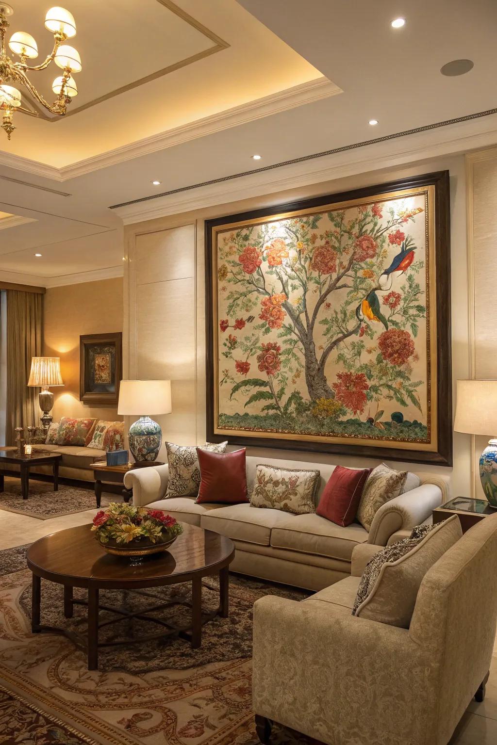 A living room with a large centerpiece artwork.