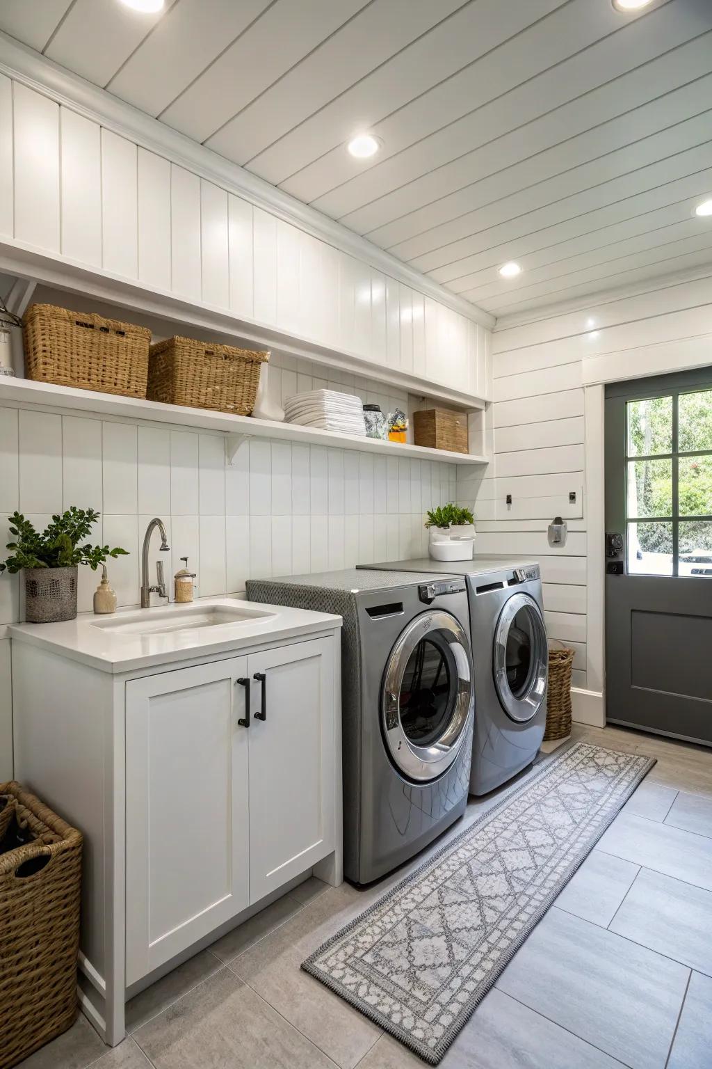 Board and batten adds a fresh touch to this laundry room.