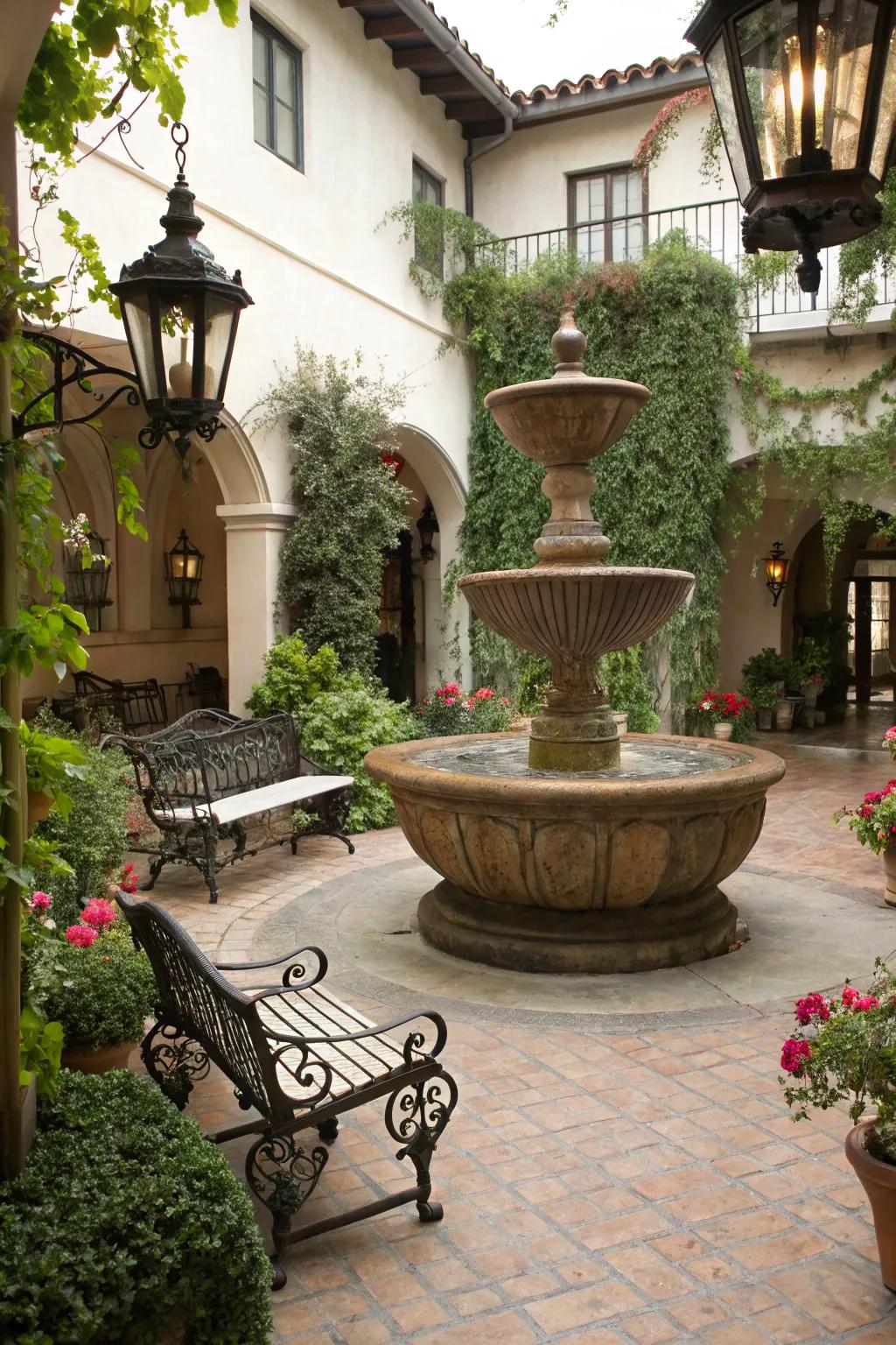 A sugar kettle fountain adds rustic elegance to your courtyard.