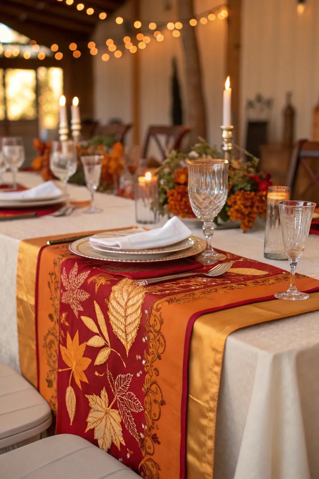 Seasonal table runners add texture and color to wedding tablescapes.