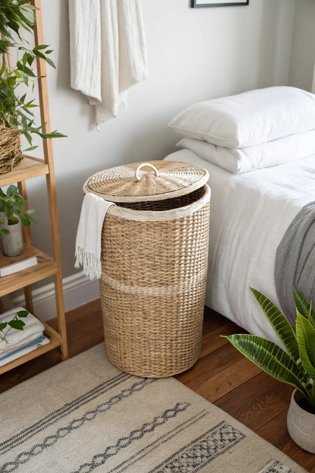 A covered basket conceals a laundry hamper, all while maintaining a pristine bedroom environment.
