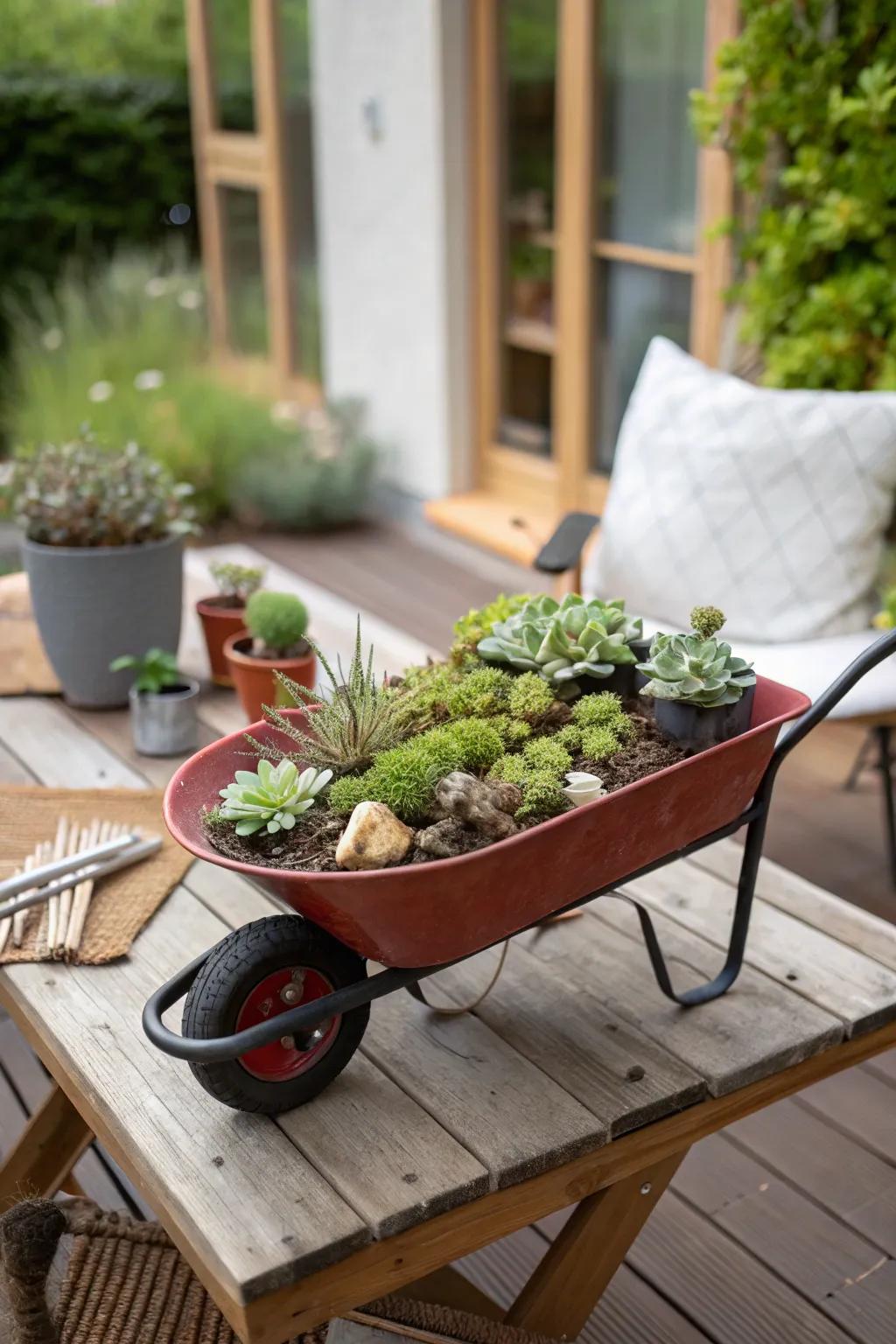 A charming mini wheelbarrow planter for small spaces.