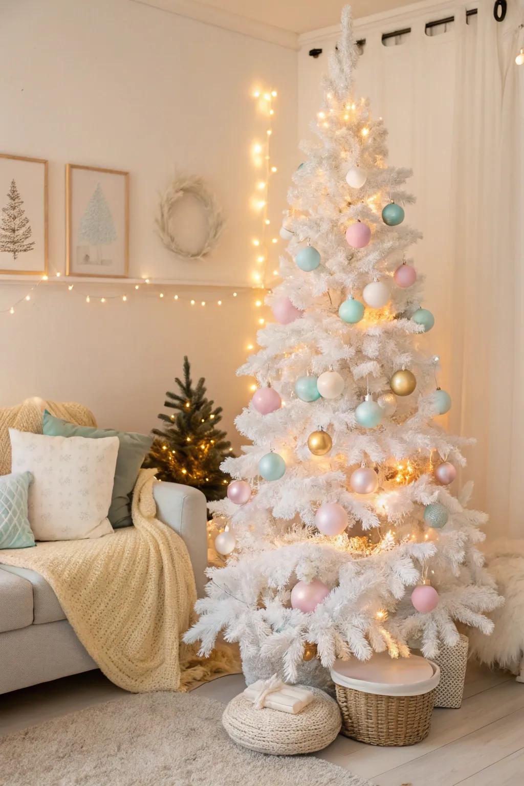 Pastel reverie theme on a white Christmas tree.