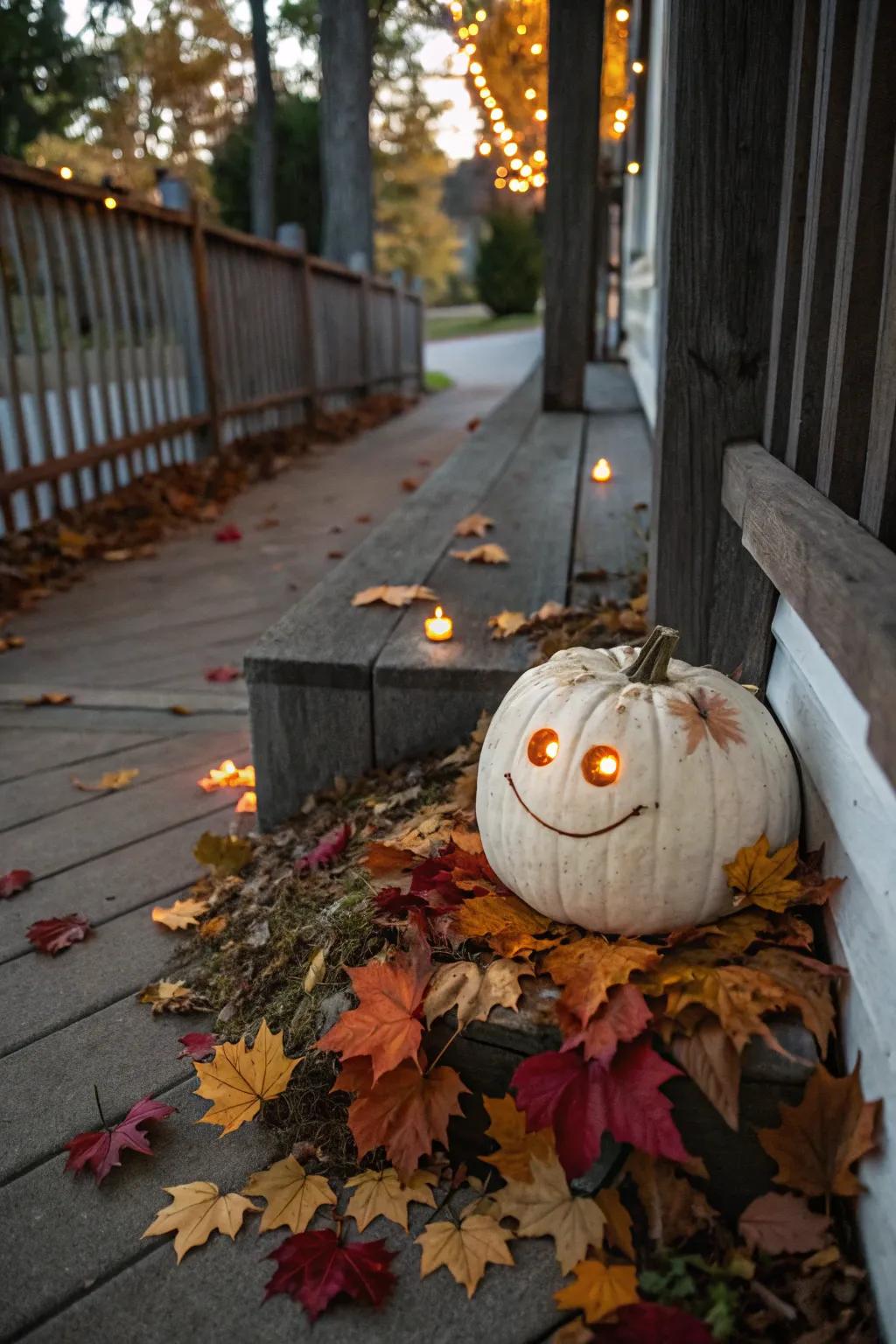 A carved pumpkin beautifully set in a festive outdoor arrangement.