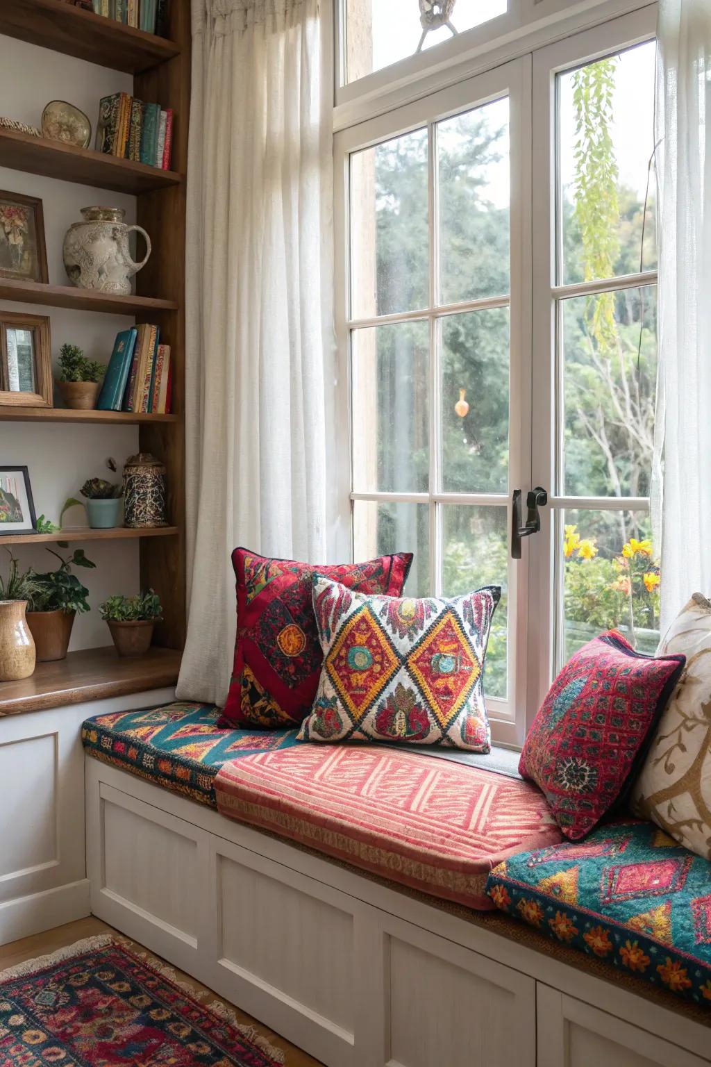 A window seat with eye-catching patterns, adding an element of surprise to the decor.