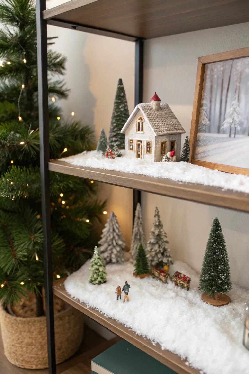 Miniature winter scenes add whimsy to your office decor.