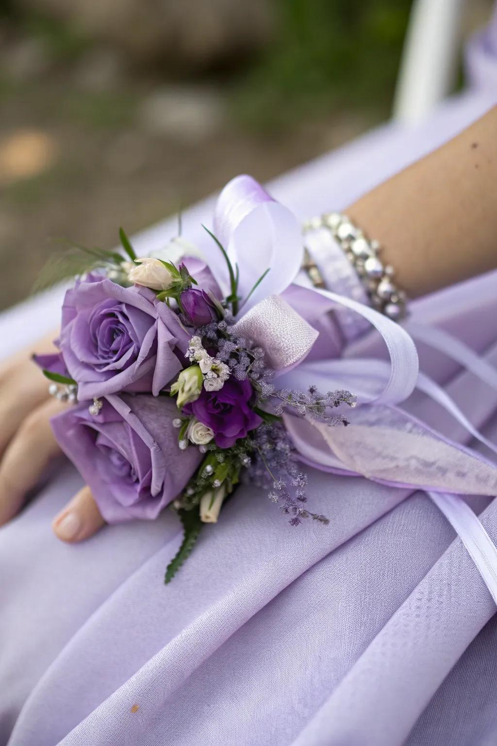 Sophisticated monochromatic wrist corsage in purple shades.