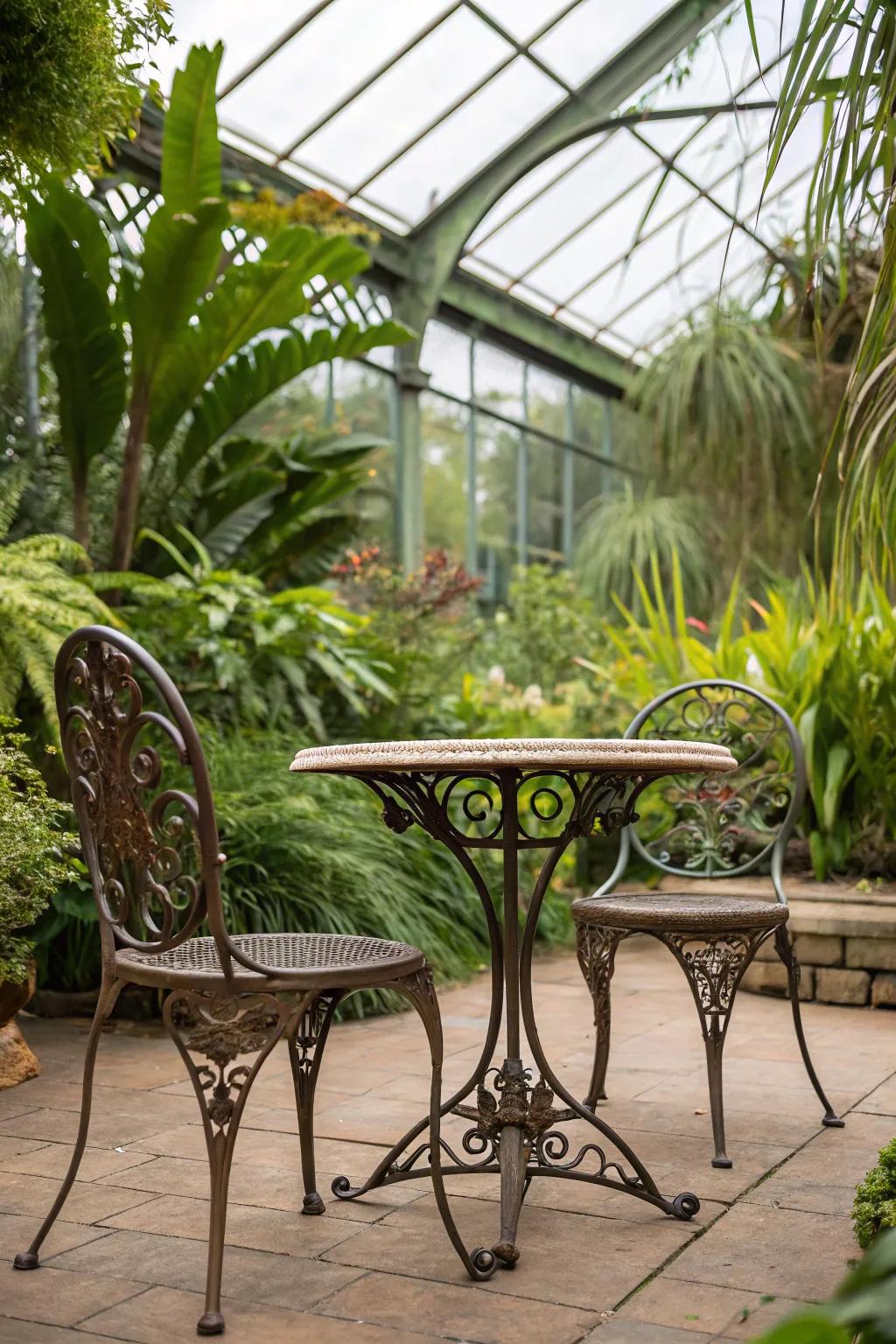 Wrought iron furniture paired with greenhouse plants creates an exotic retreat.