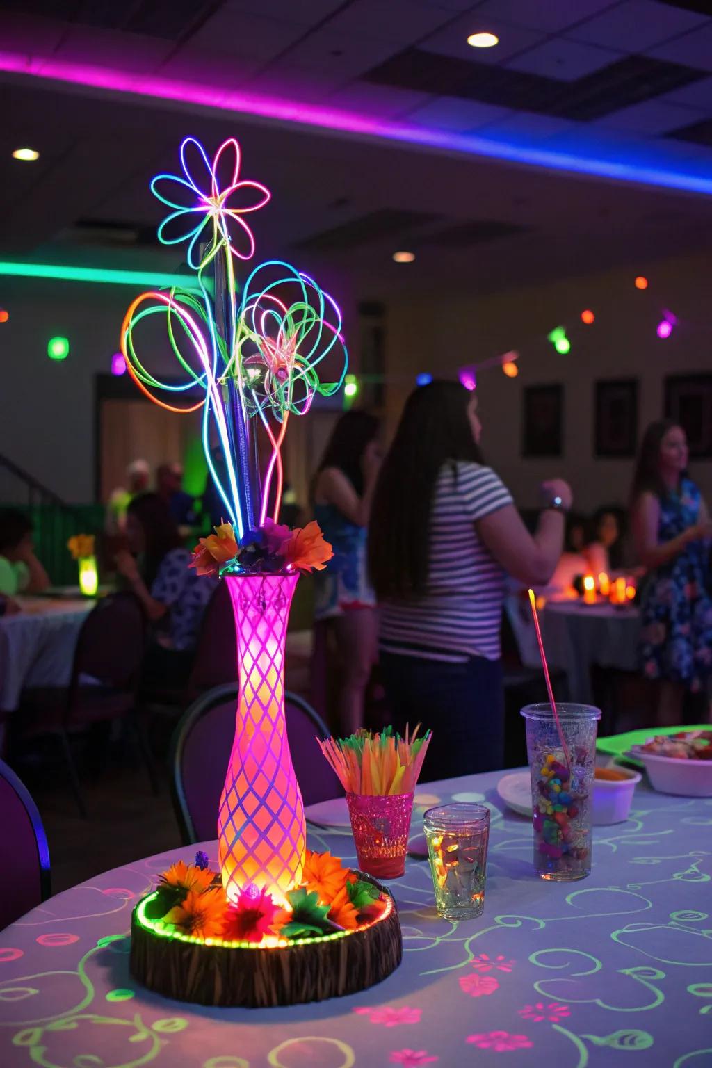 Neon-lit centerpieces that electrify the party atmosphere.