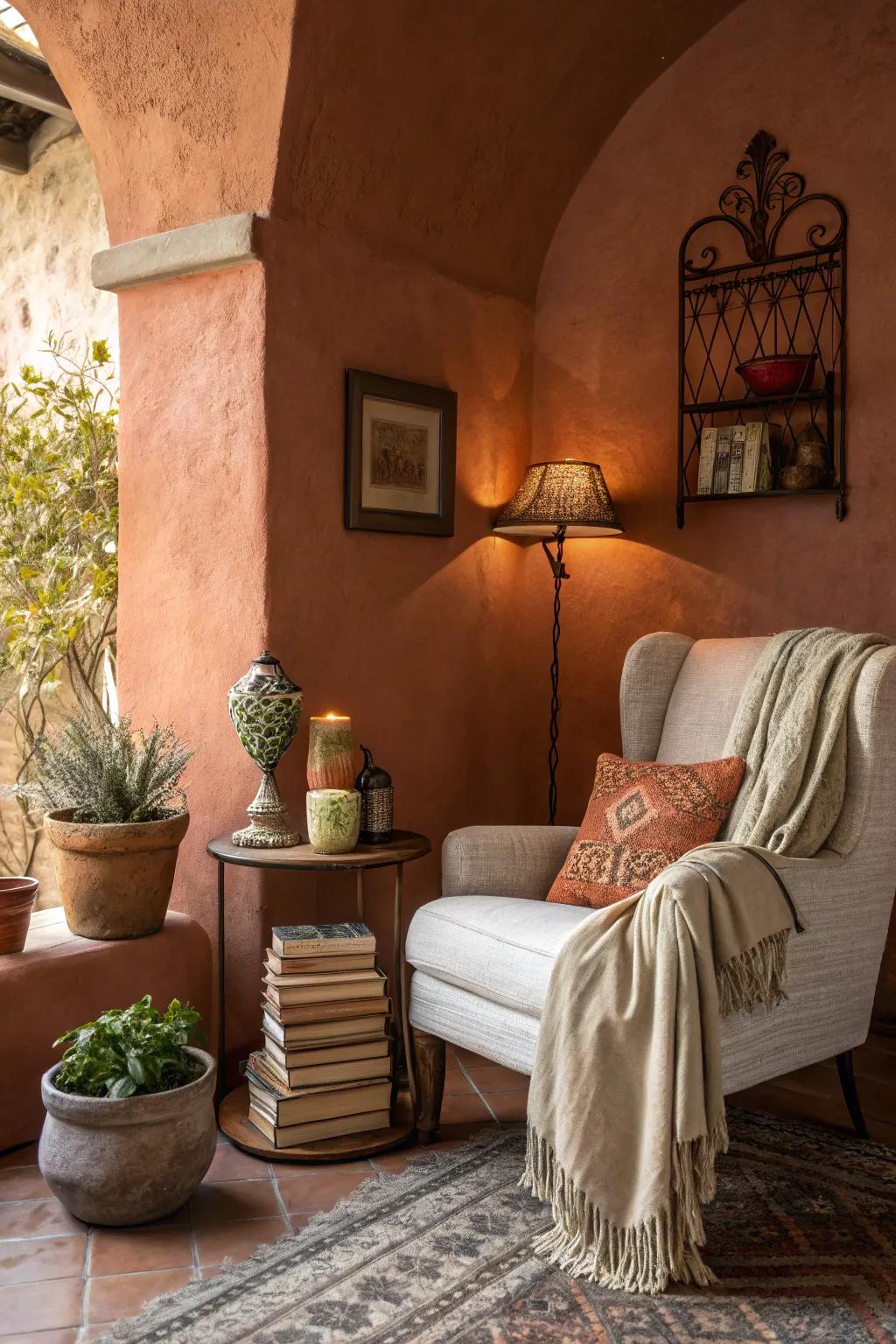 A cozy reading nook with a warm earthy accent wall.