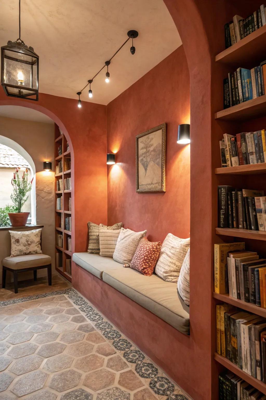 Warm colors create a cozy nook perfect for reading.