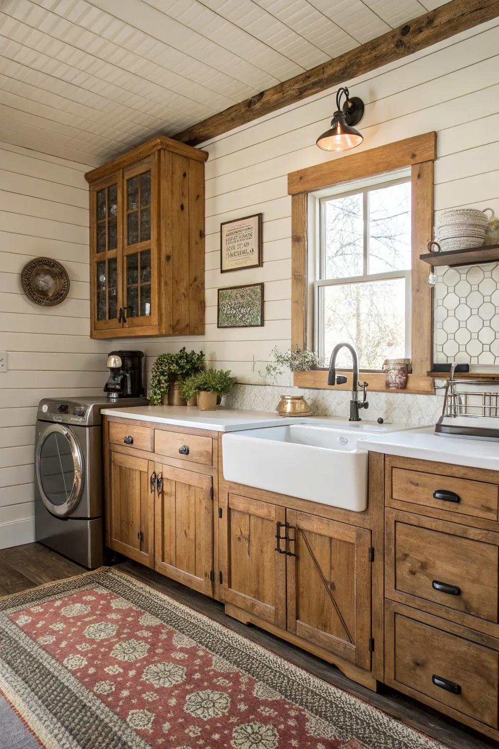 A kitchen with a vintage shiplap accent wall.