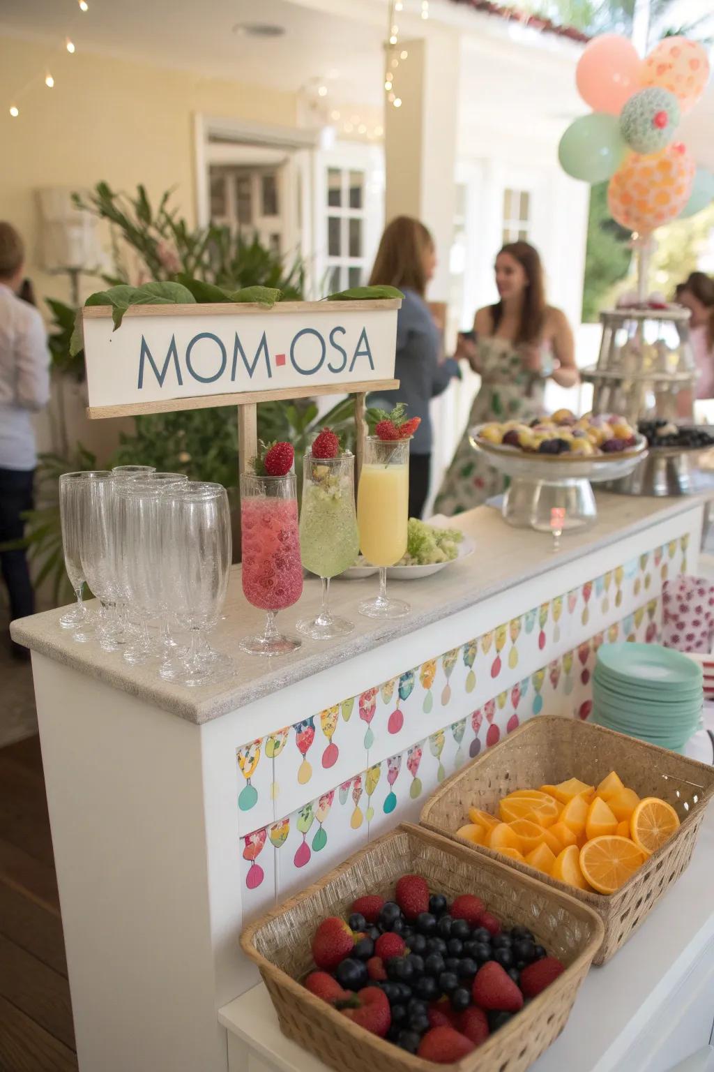 A whimsical drink station with a 'Mom-osa' bar offers refreshing options for guests.