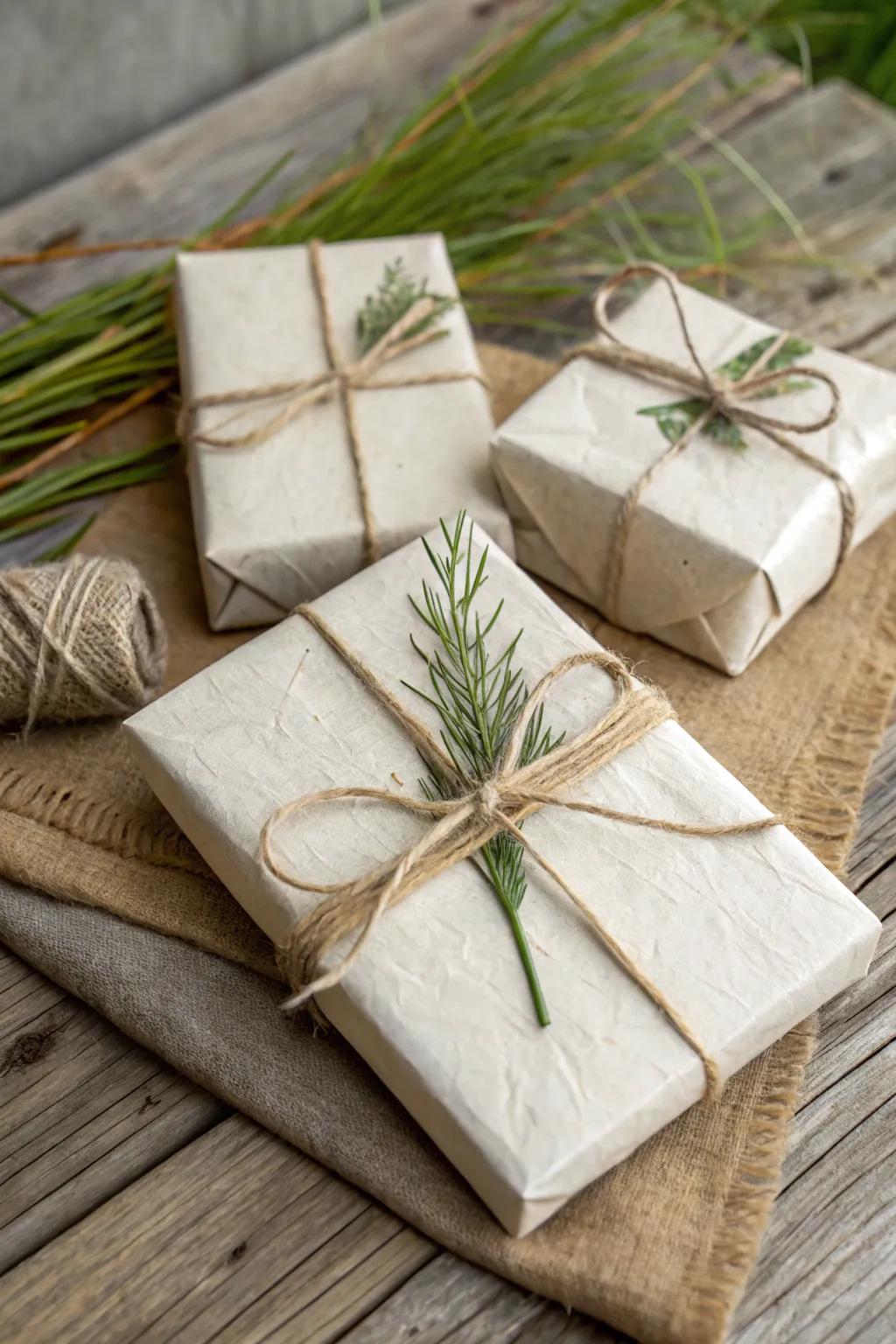 Eco-friendly wraps add a rustic and sustainable charm.