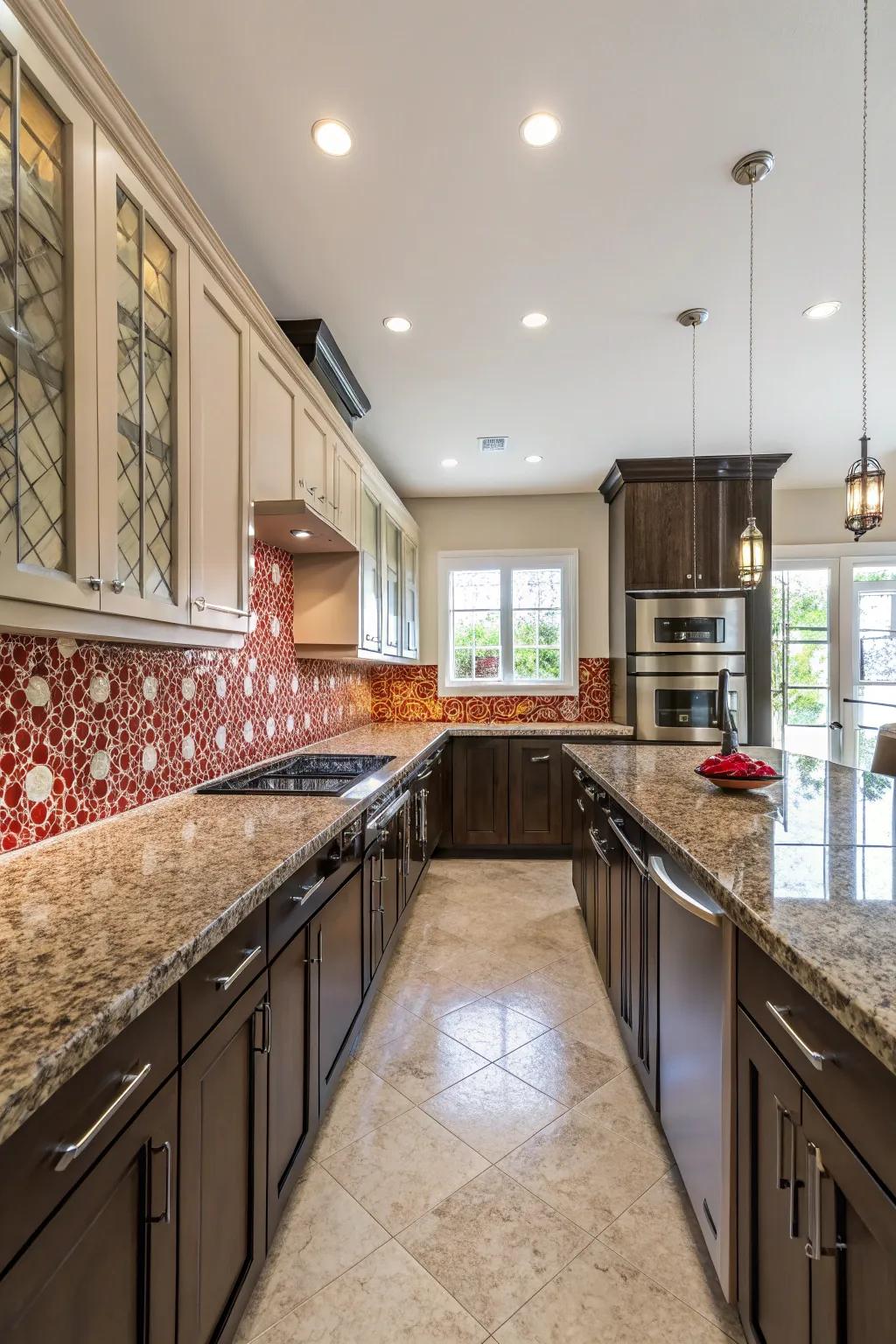 Bold backsplash designs anchor spacious kitchen areas.