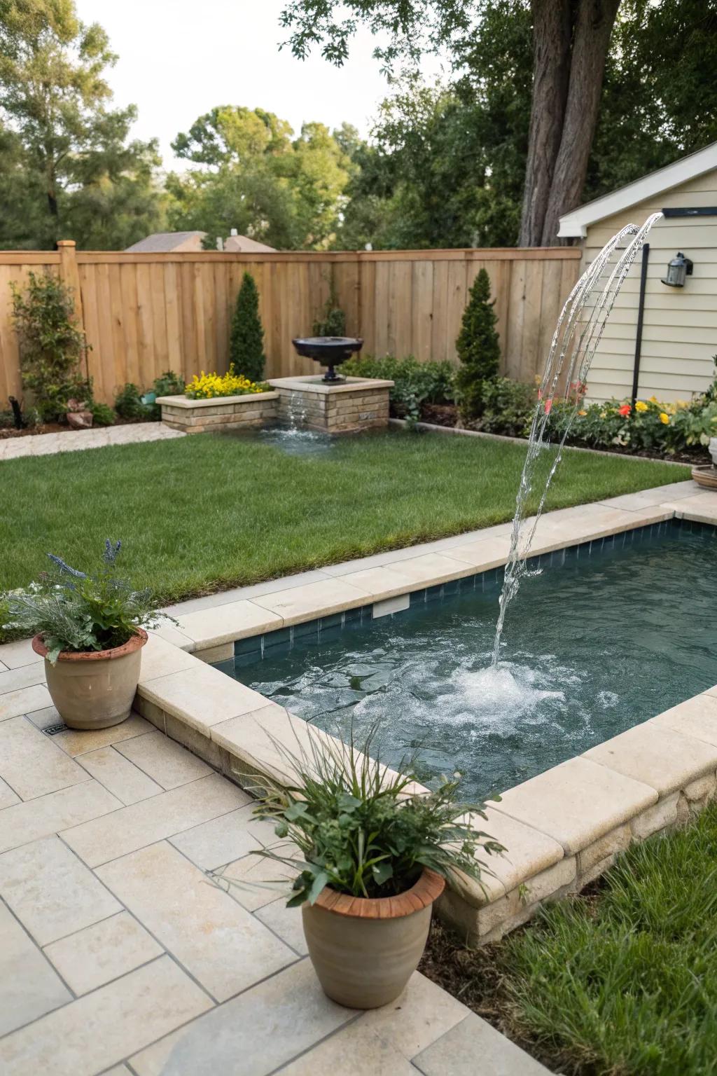 A backyard pool enhanced with a soothing water feature.