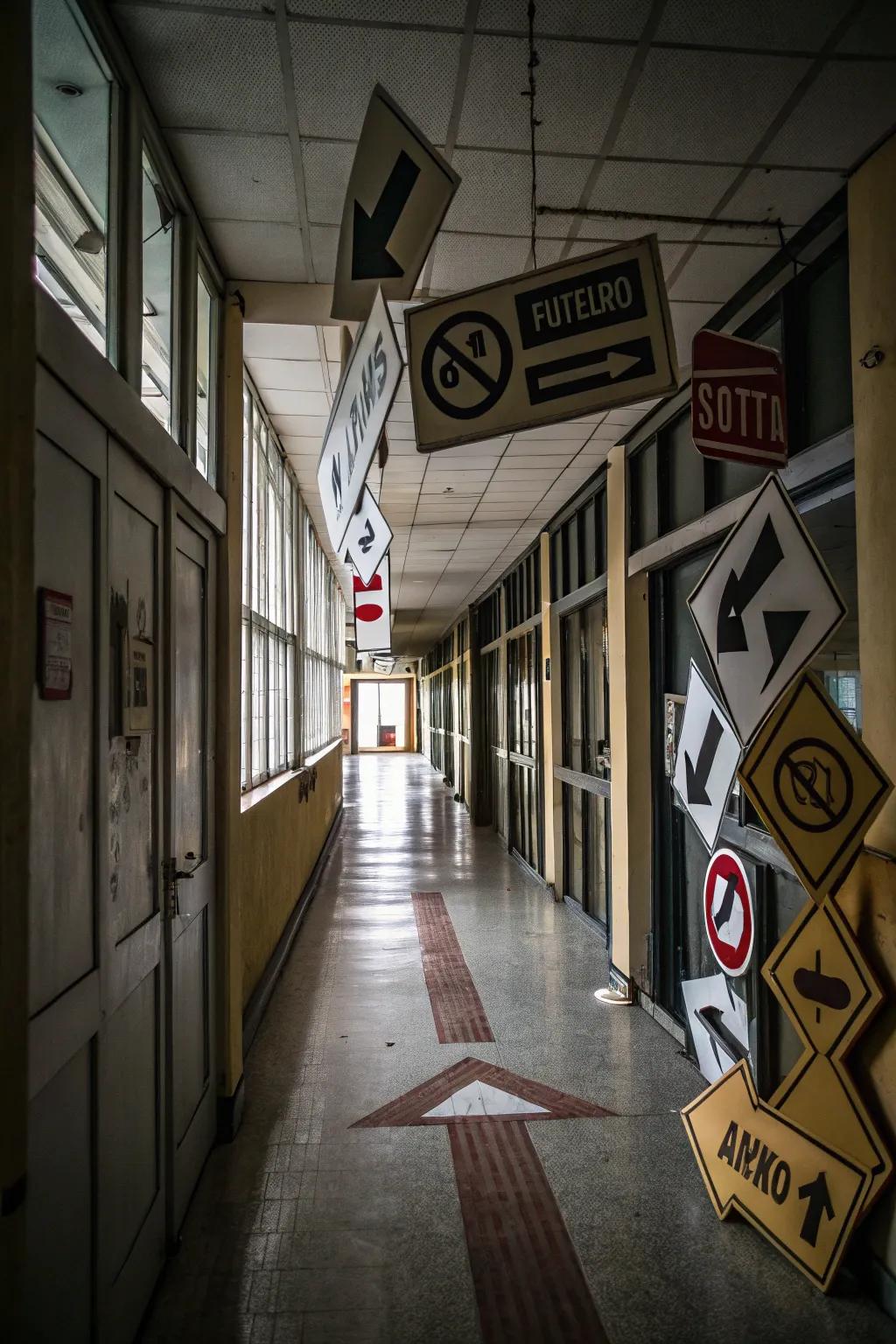 A hallway featuring several signs that provide contradictory directions.