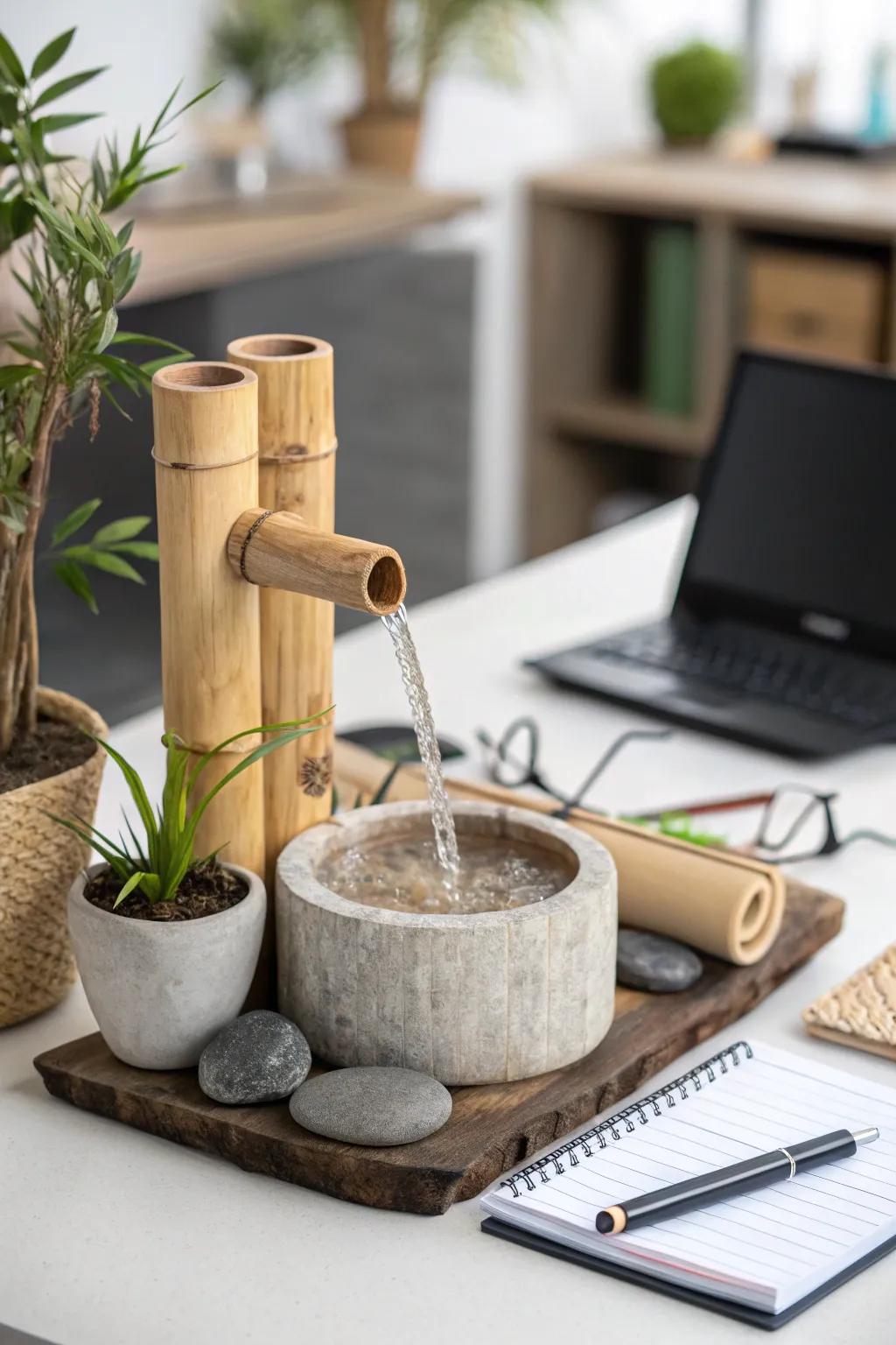 A minimalist bamboo fountain introduces calm to a working area.