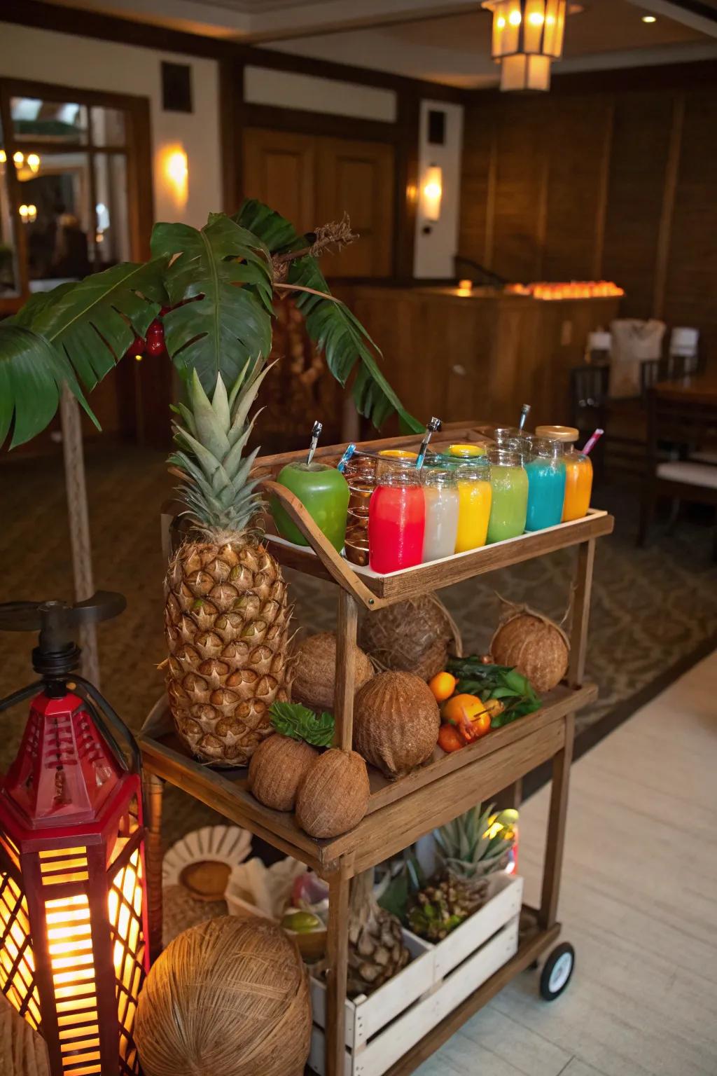 A themed bar cart adds personality and fun.