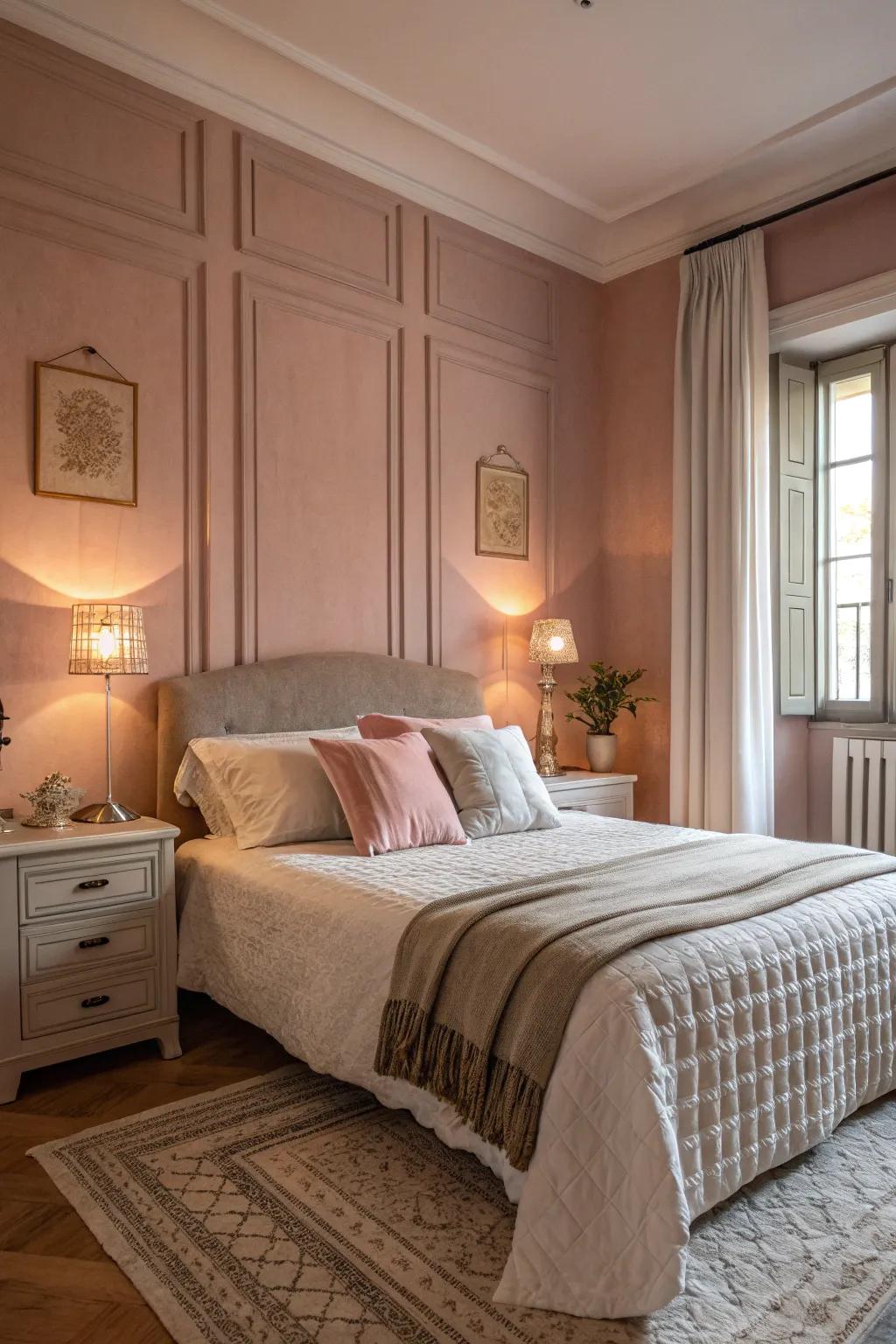 Subtle pinks create a calm and nurturing bedroom atmosphere.