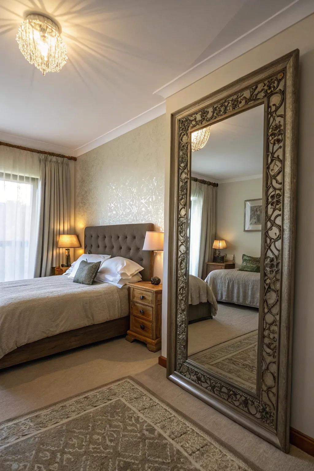 Mirrors enhance space and light, making the bedroom feel larger.