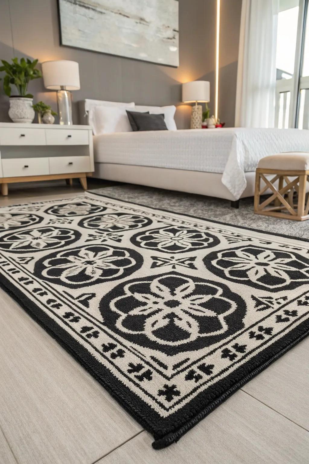 Monochrome rugs offer classic sophistication.