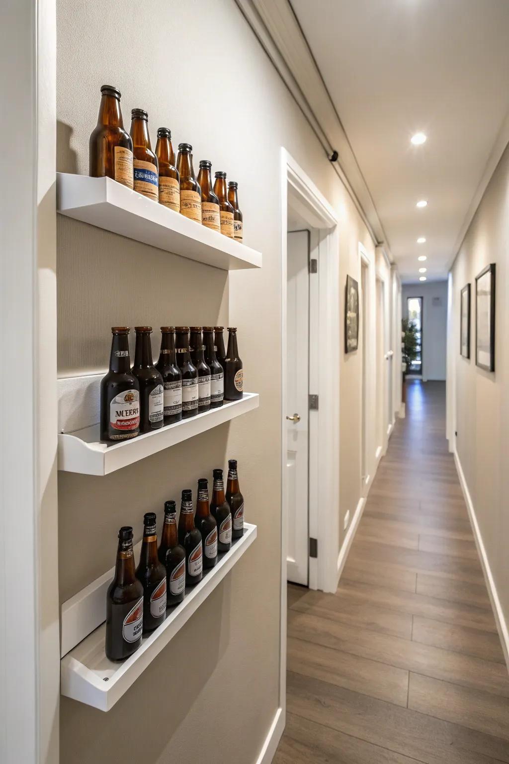 Minimalist floating shelves with beer bottles in a hallway setting.