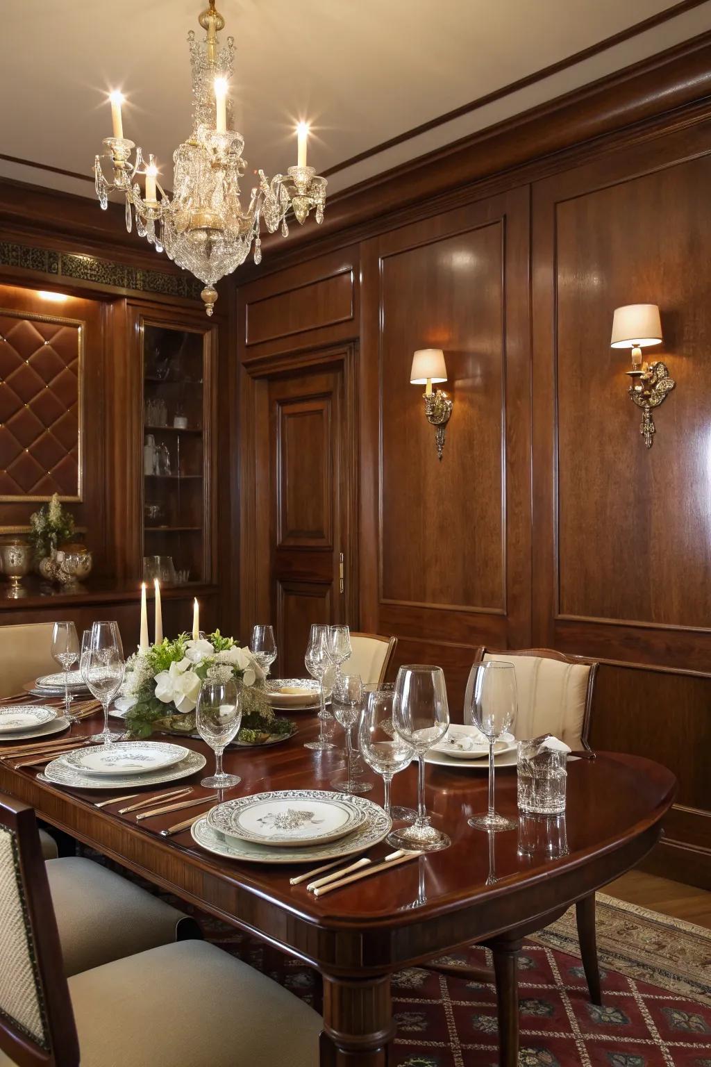 An intimate dining experience with mahogany brown walls.