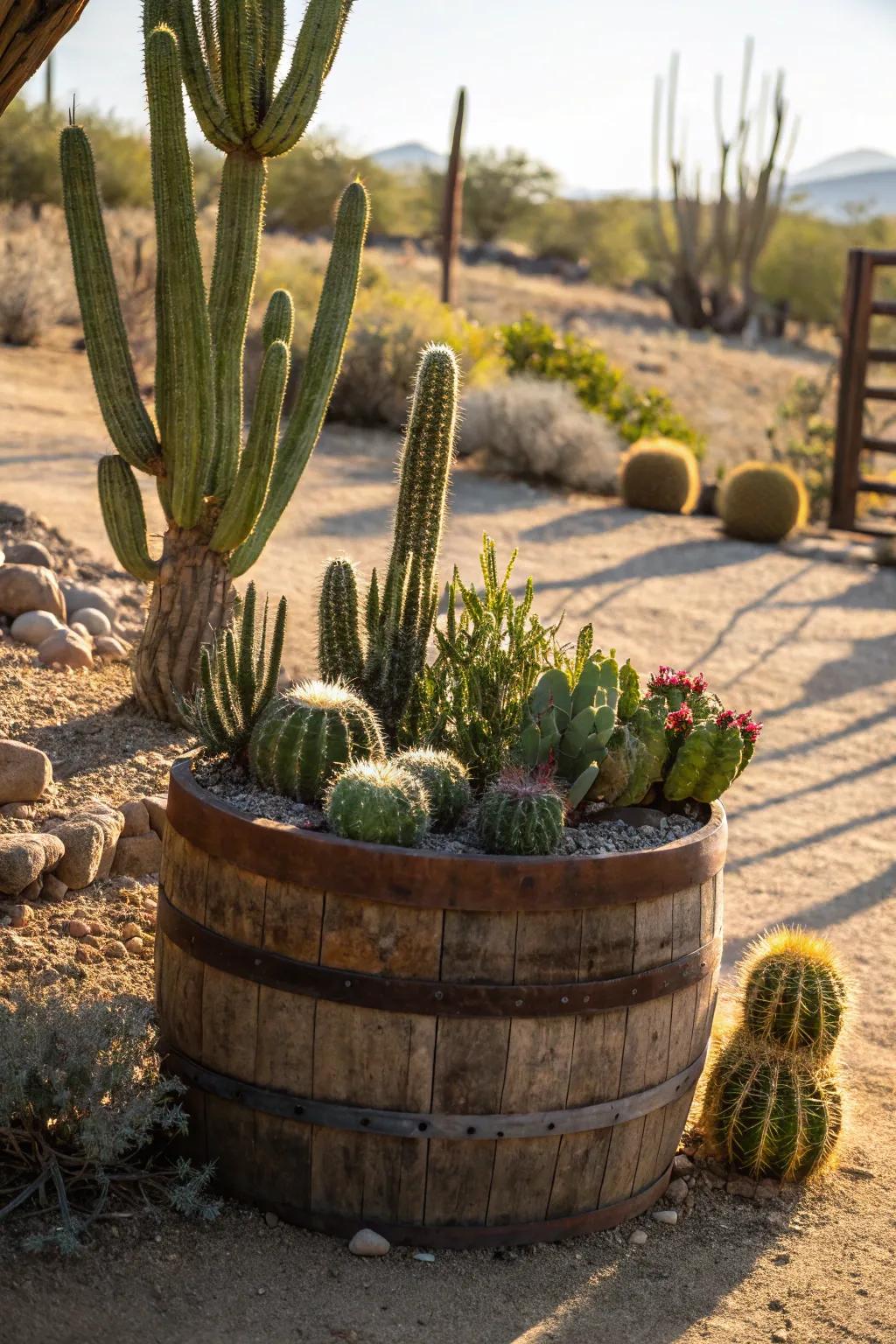 An eye-catching display of cacti nestled in a whiskey barrel.