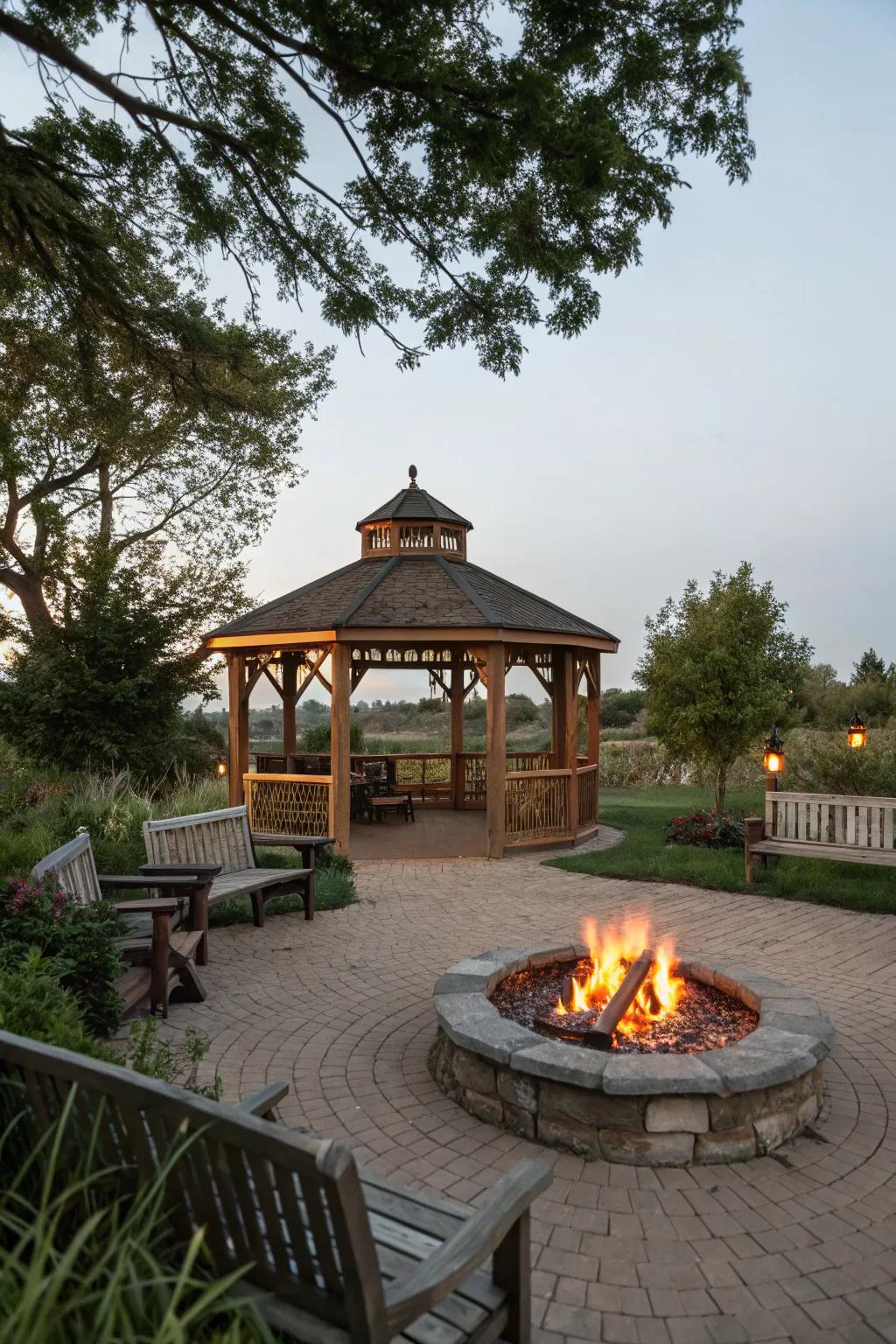 A fire pit offers heat and functions as a mesmerizing centerpiece.