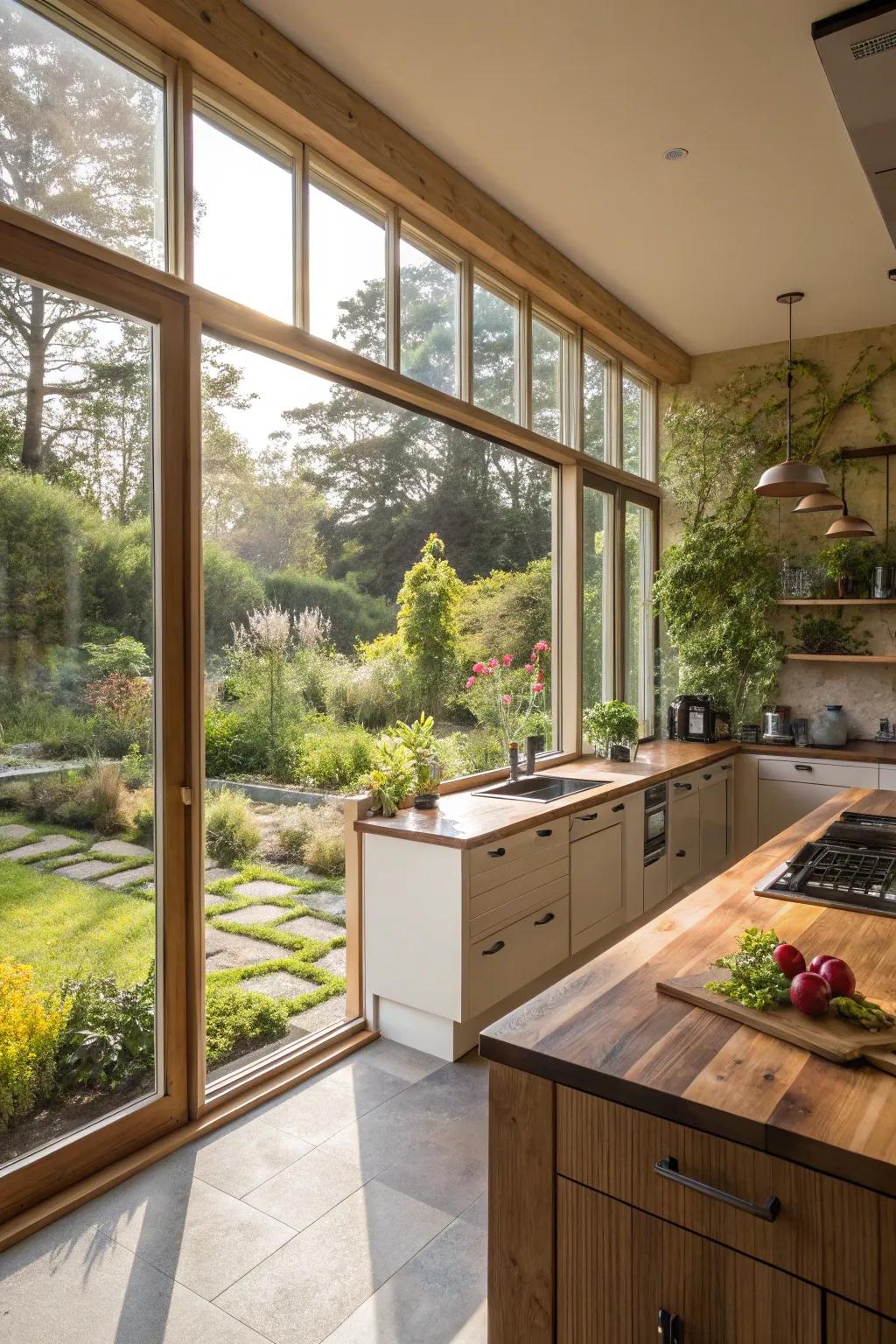 Large windows bring light and life into the kitchen.