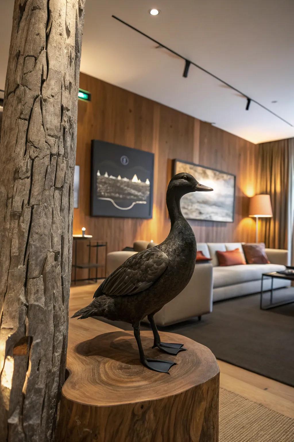 A waterfowl display enhanced by a textured timber setting.