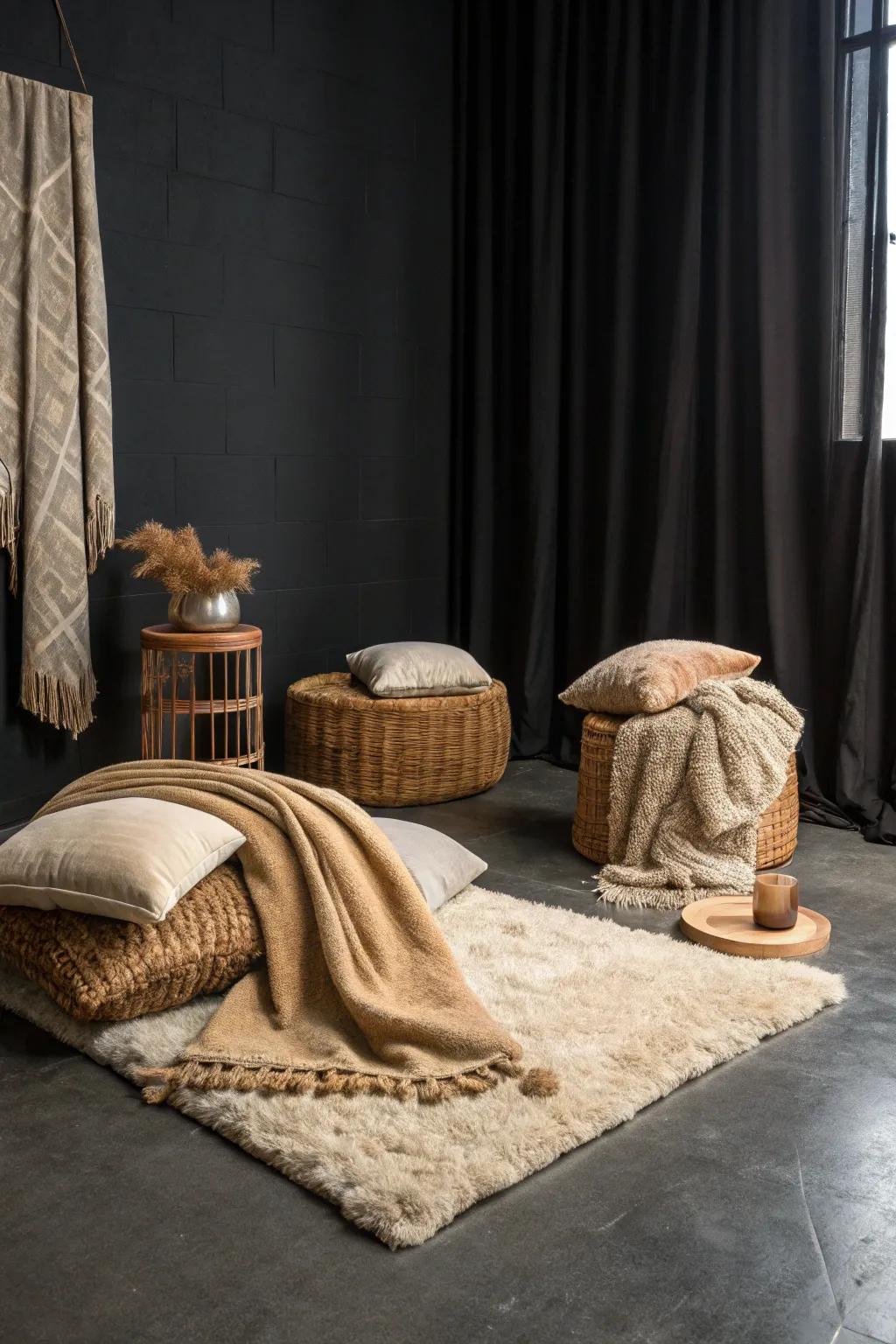 Cozy elements like plush rugs and throws soften a black room.