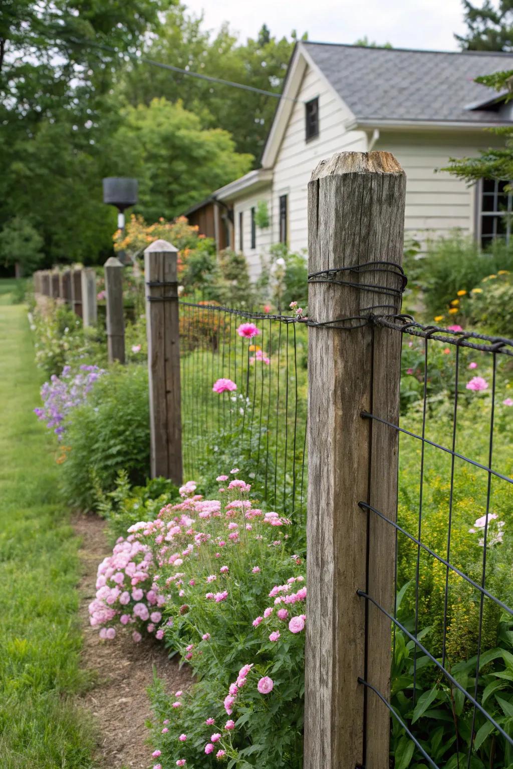 Introduce rustic charm to your garden with a black wire and wood combination.