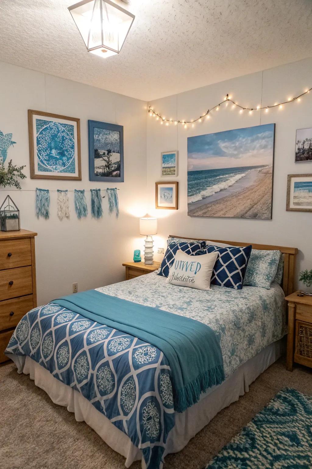 Blue artwork enhances the bedroom theme.