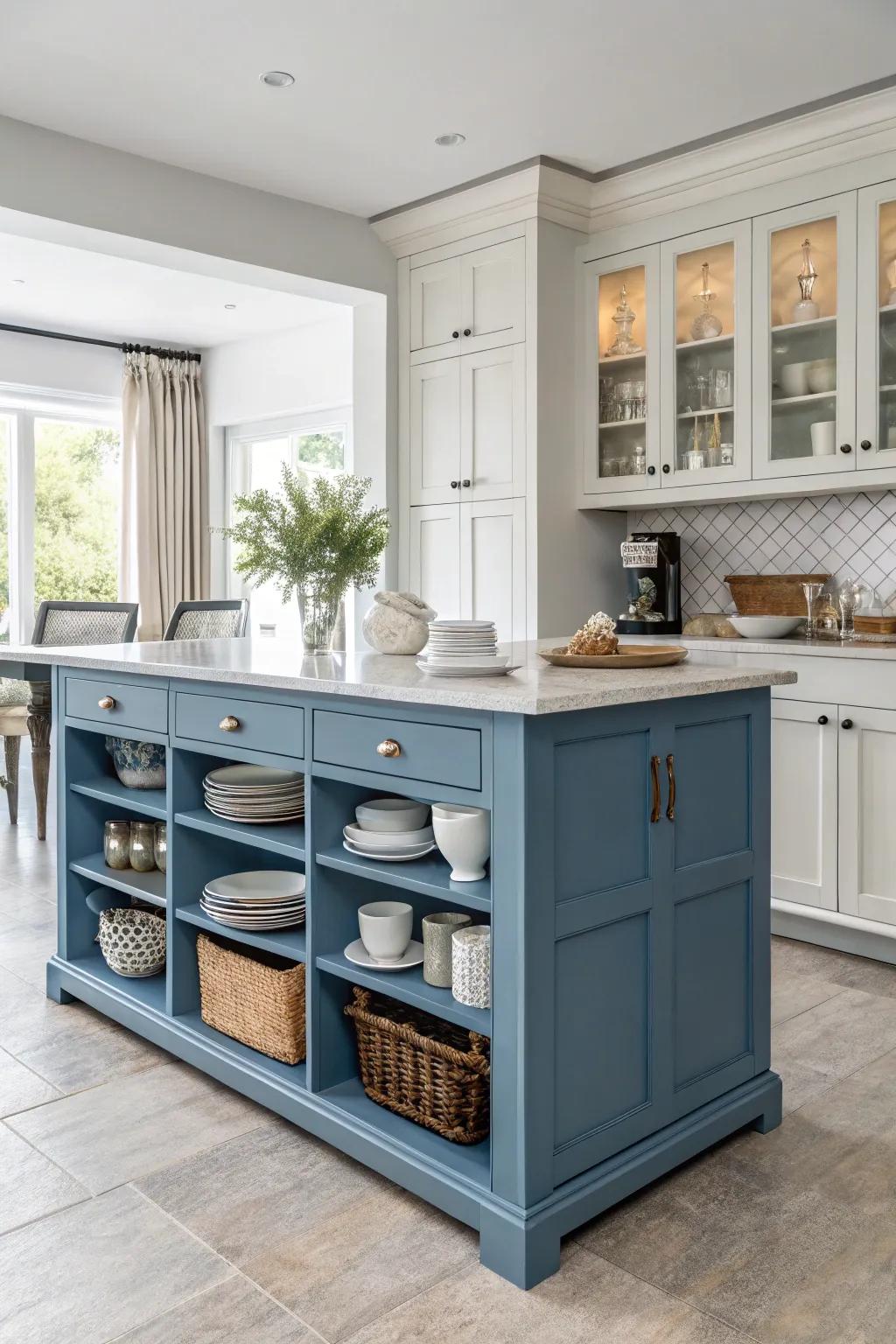 Built-in storage adds practicality to the blue kitchen island.