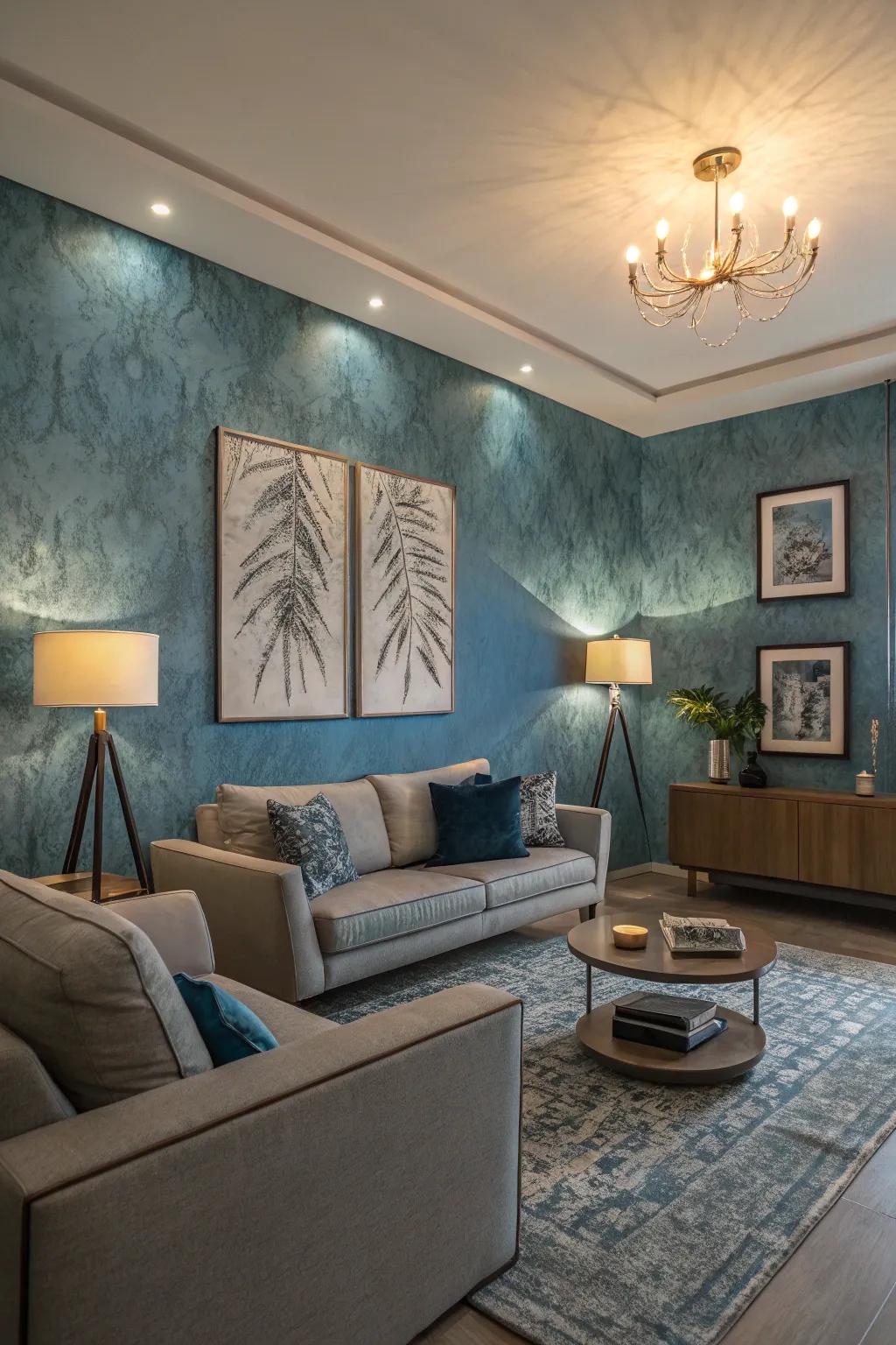 Textured blue walls add depth and intrigue to this chic living room.