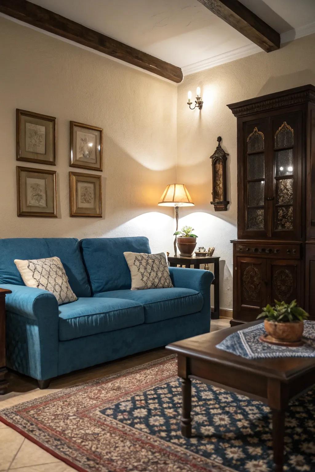Dark wood provides an amazing contrast to a blue settee.