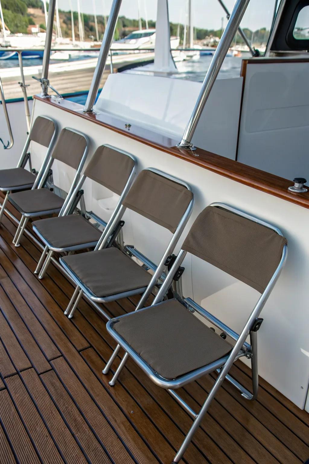 Compressed folding chairs within a vessel's interior.
