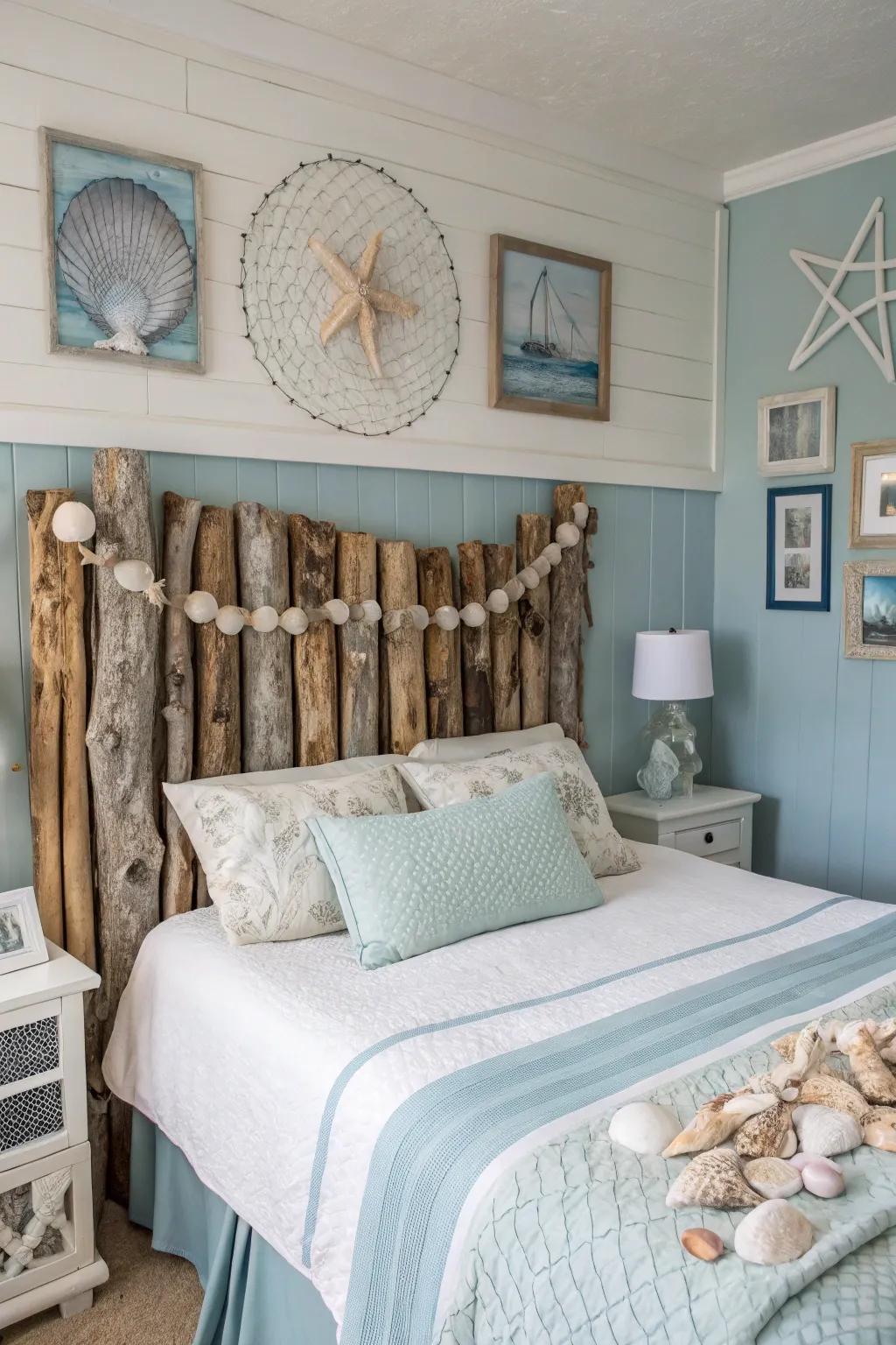 Driftwood and shells create a beachy, bohemian headboard.