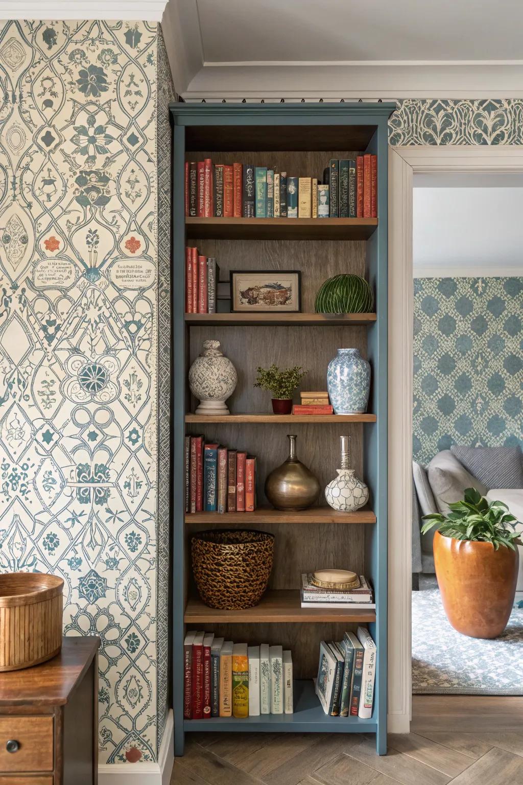 Bookshelf showcasing an array of differing patterned wallpapers, projecting a diverse aesthetic.
