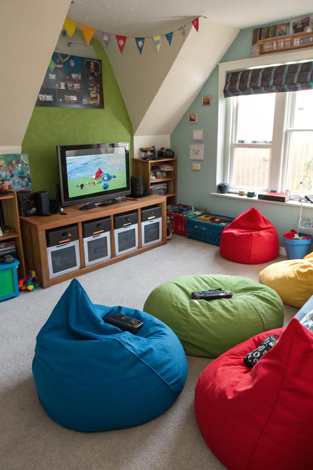 Colorful bean bags provide a relaxed seating option for gamers.