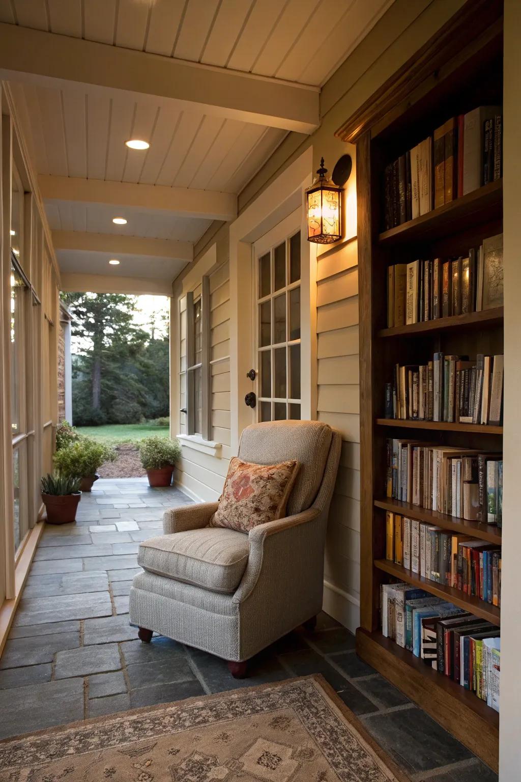 A cozy reading nook in the breezeway, perfect for relaxation and escape.